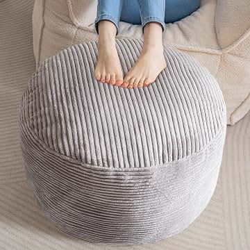 HIGOGOGO Round Stuffed Pouf Ottoman, Corduroy Poufs with Foam Chunk Filling, Furry and Fluffy Pouf Foot Stool Storage Ottoman, 26 X 18 Floor Poufs Foot Rest for Living Room, Grey