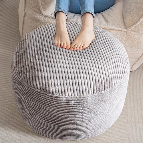 HIGOGOGO Round Stuffed Pouf Ottoman, Corduroy Poufs with Foam Chunk Filling, Furry and Fluffy Pouf Foot Stool Storage Ottoman, 26 X 18 Floor Poufs Foot Rest for Living Room, Grey - 26 inch - Grey