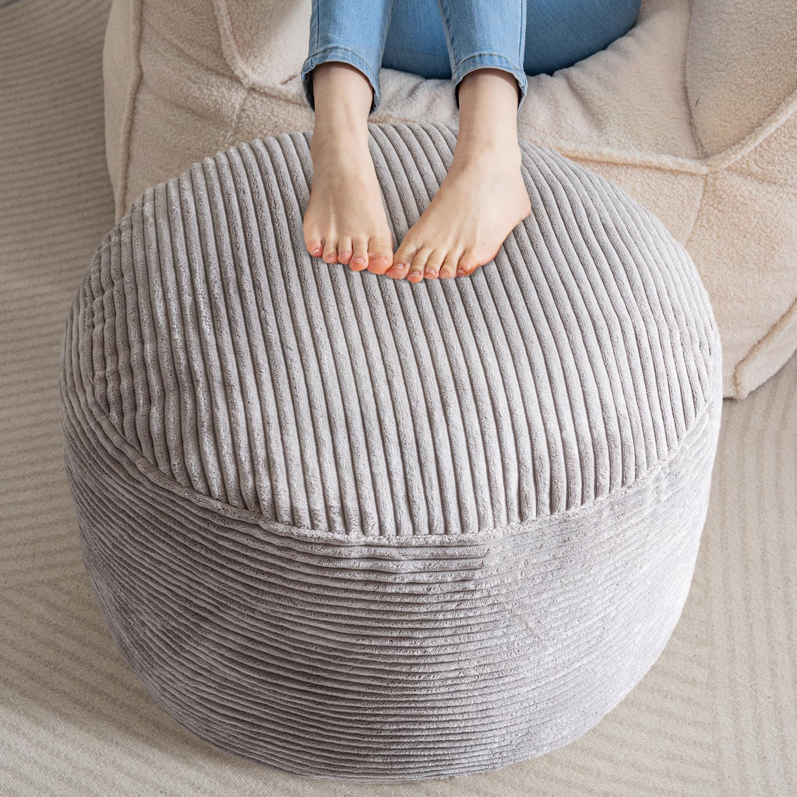 HIGOGOGO Round Stuffed Pouf Ottoman, Corduroy Poufs with Foam Chunk Filling, Furry and Fluffy Pouf Foot Stool Storage Ottoman, 26 X 18 Floor Poufs Foot Rest for Living Room, Grey