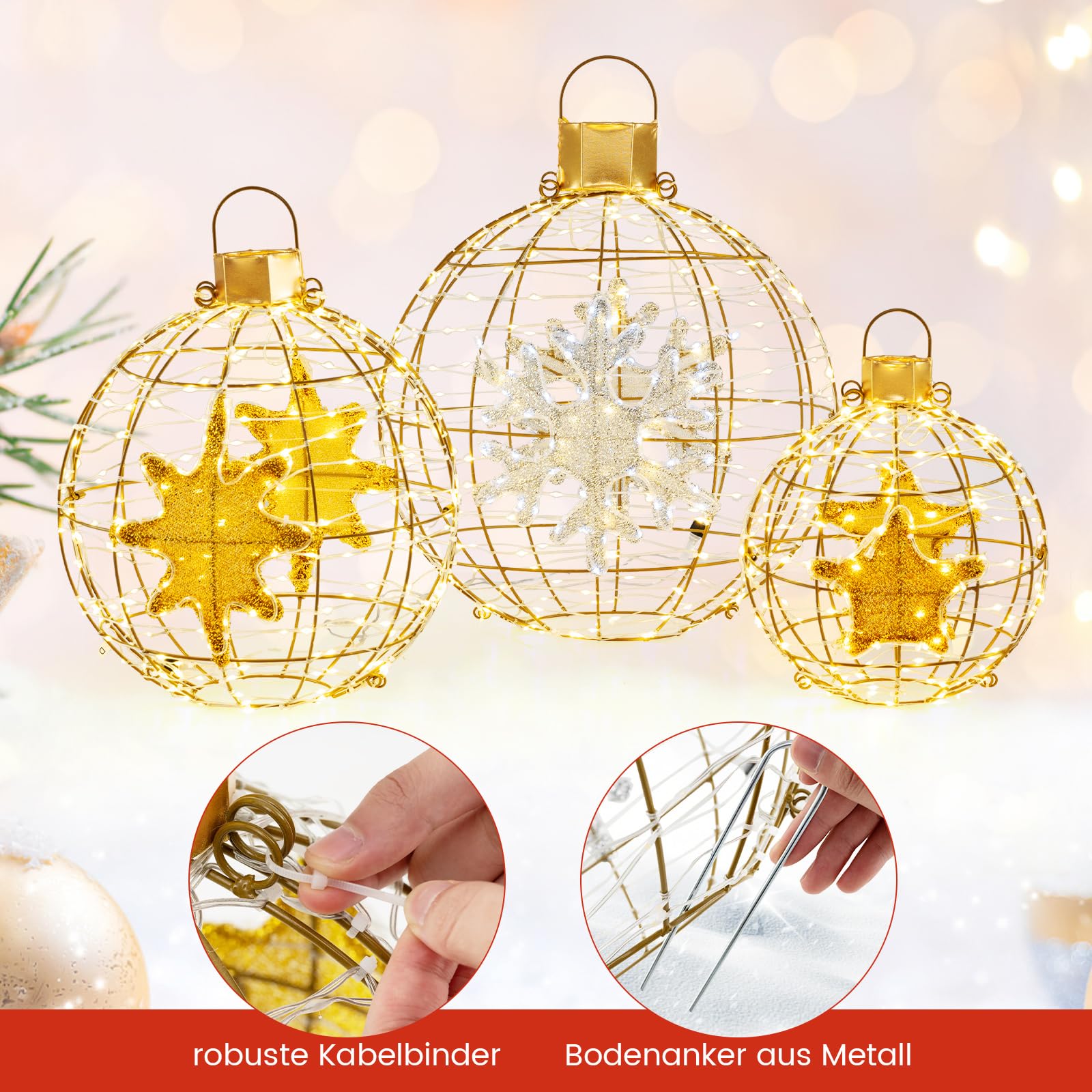 COSTWAY 3er Set LED Dekokugel, Leuchtkugel, Weihnachtsdeko, Weihnachtsbeleuchtung für innen und außen
