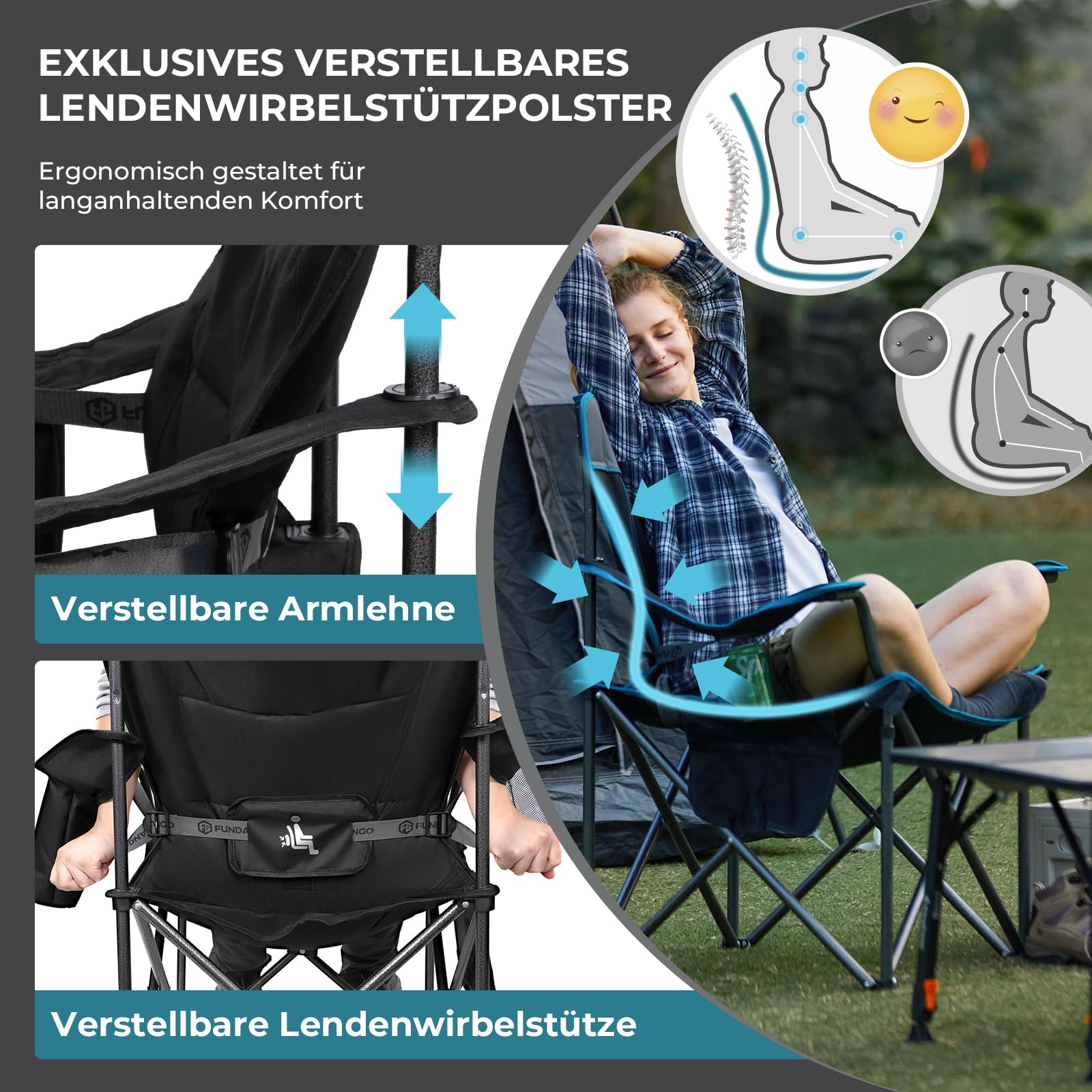 FUNDANGO Campingstuhl Faltbar 250KG Übergroßer Camping Stuhl Gepolster mit Verstellbarer Rückenlehne, Klappstuhl Camping mit Getränkehalter & Kühltasche XXL Angelstuhl Outdoor Stuhl, Schwarz/Grau