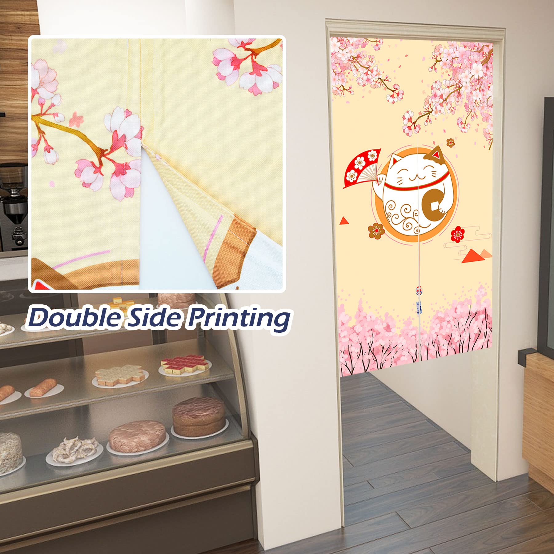 LIGICKY Japanese Style Noren Long Thickened Doorway Curtain Fortune Cat & Cherry Blossom Hanging Door Tapestry for Home Decoration 85 x 150 cm (Double Sided Printting - Image 2