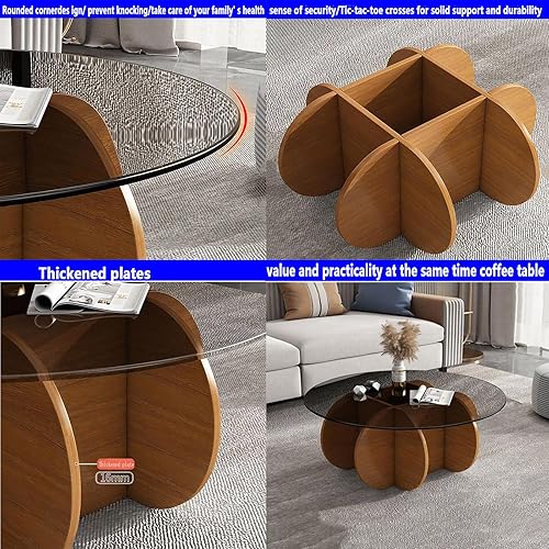 Miniatura 4 de Mesa auxiliar redonda de cristal, base de madera maciza y parte superior de vidrio templado transparente, mesa auxiliar de café, mesa central simple