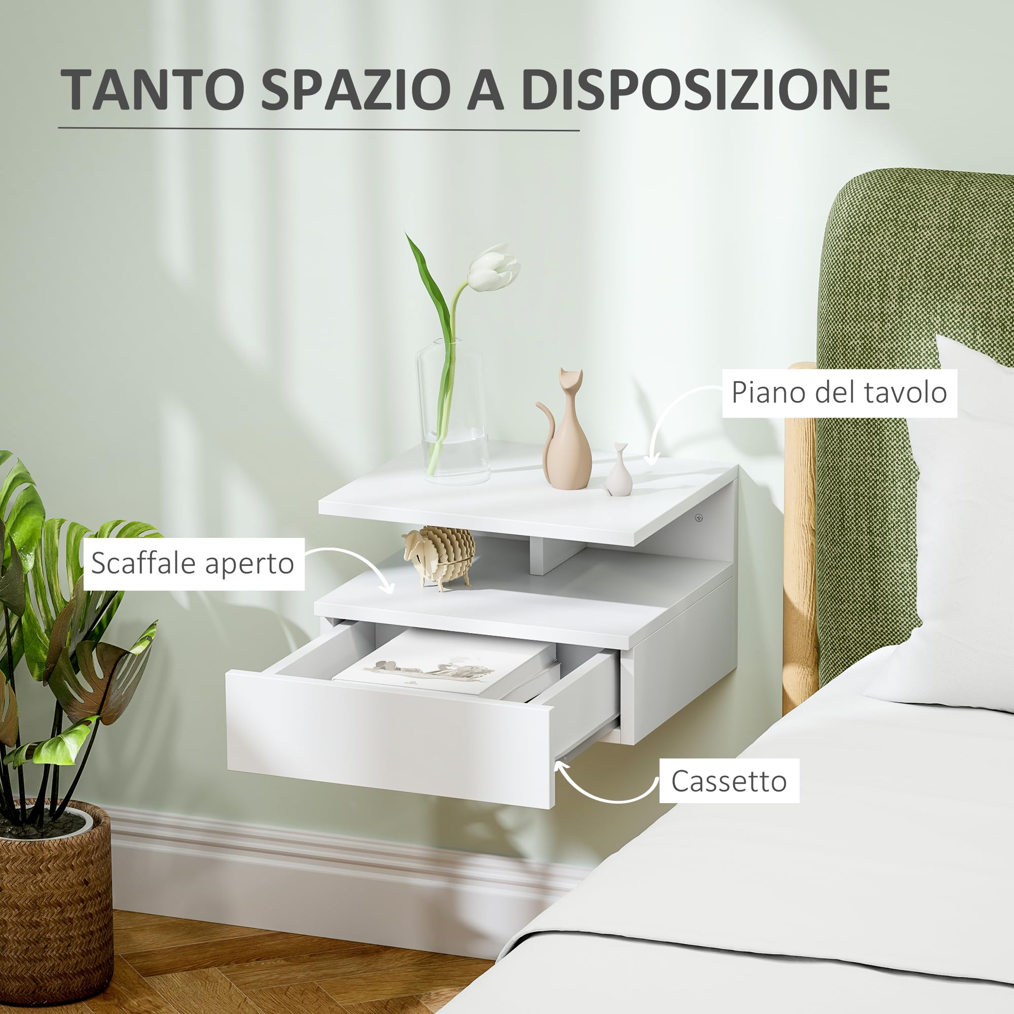 HOMCOM Comodino Sospeso Salvaspazio 35x32x22.5cm Bianco