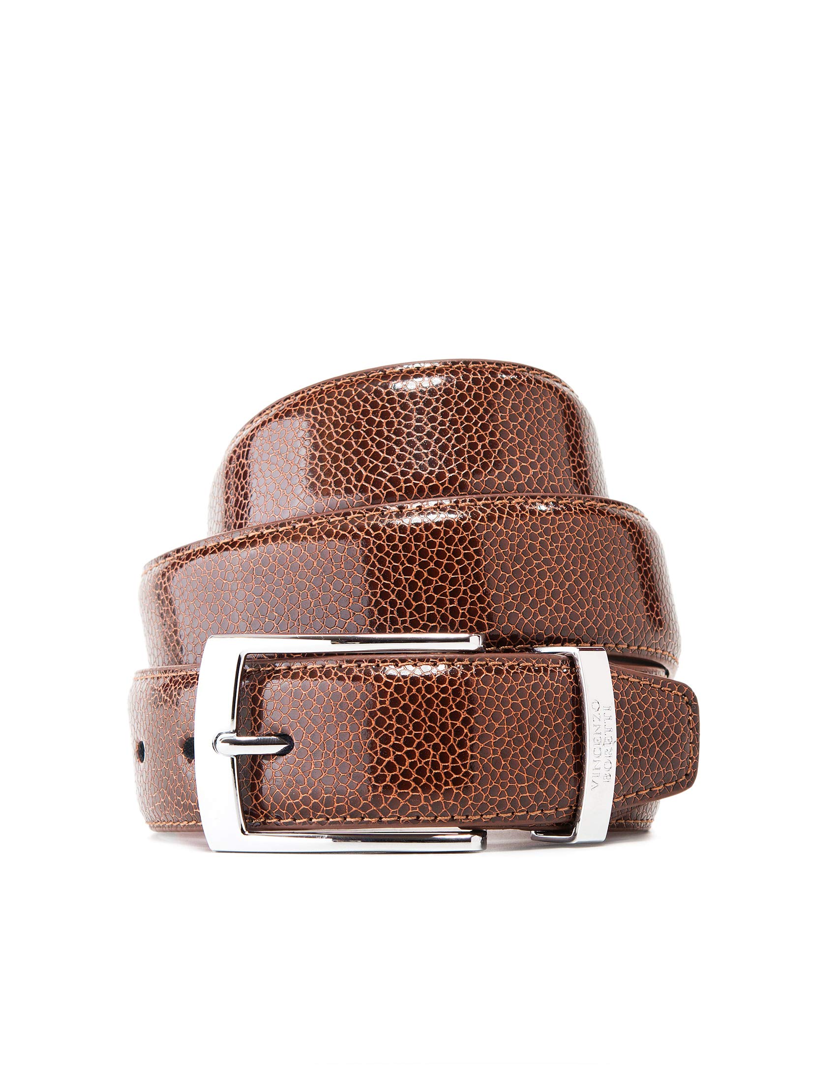Vincenzo Boretti Herren-Gürtel mit silberfarbener Dornschließe, glänzendes Leder, Metalllogo, 35 mm Breite