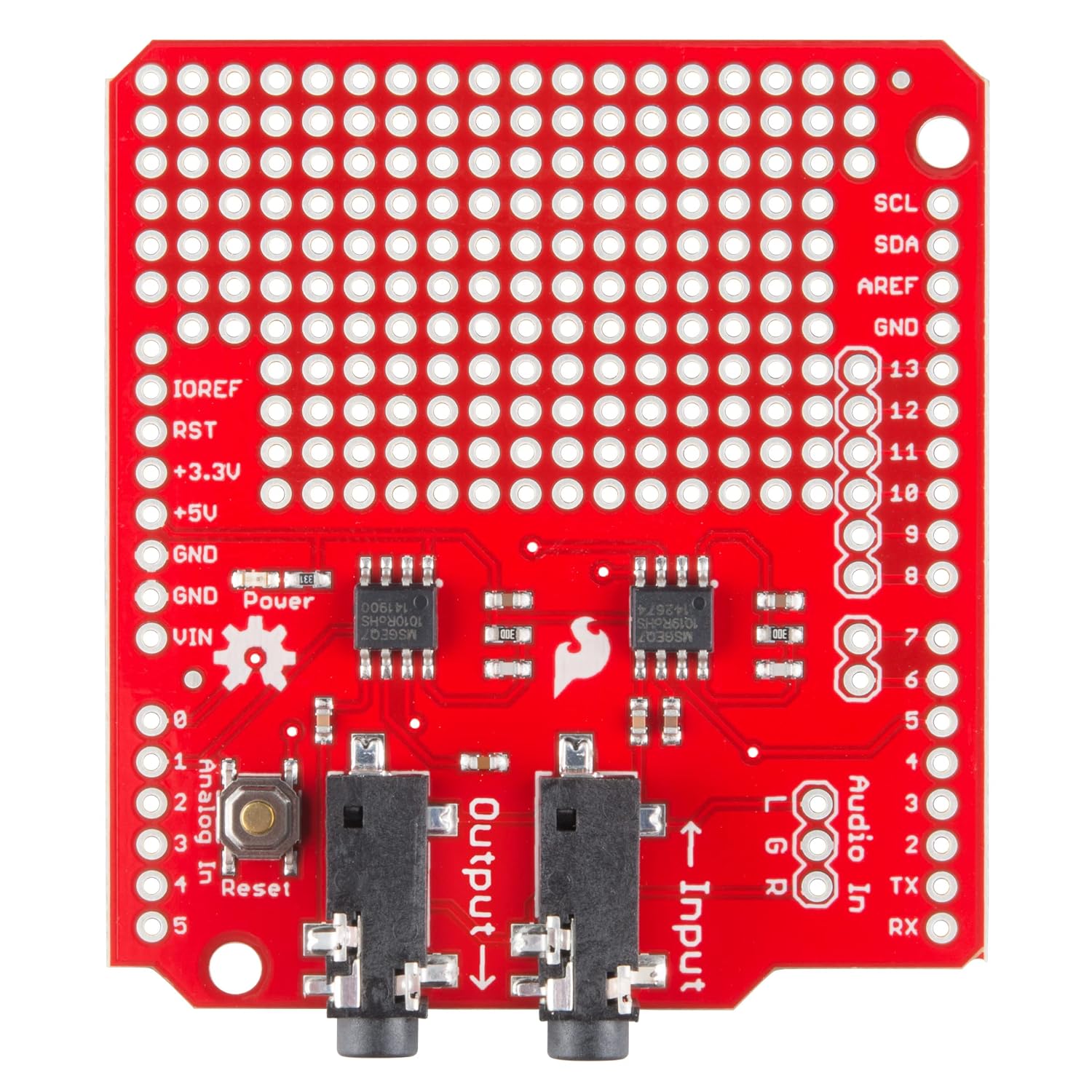 SparkFun Spectrum Shield MSGEQ7 Graphic Equalizer Display Filter populated with Two 1/8" Stereo Jacks, Split Stereo Audio Input into 7 Bands per Channel