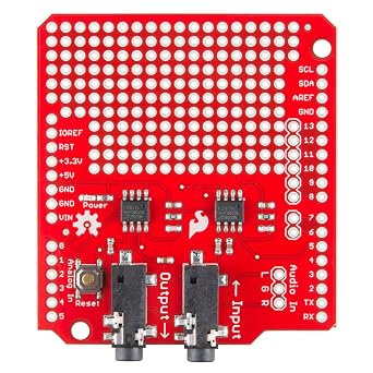 SparkFun Spectrum Shield | MSGEQ7 graphic equalizer display filter populated w/ two 1/8" stereo jacks, Split Stereo audio input into 7 bands per channel