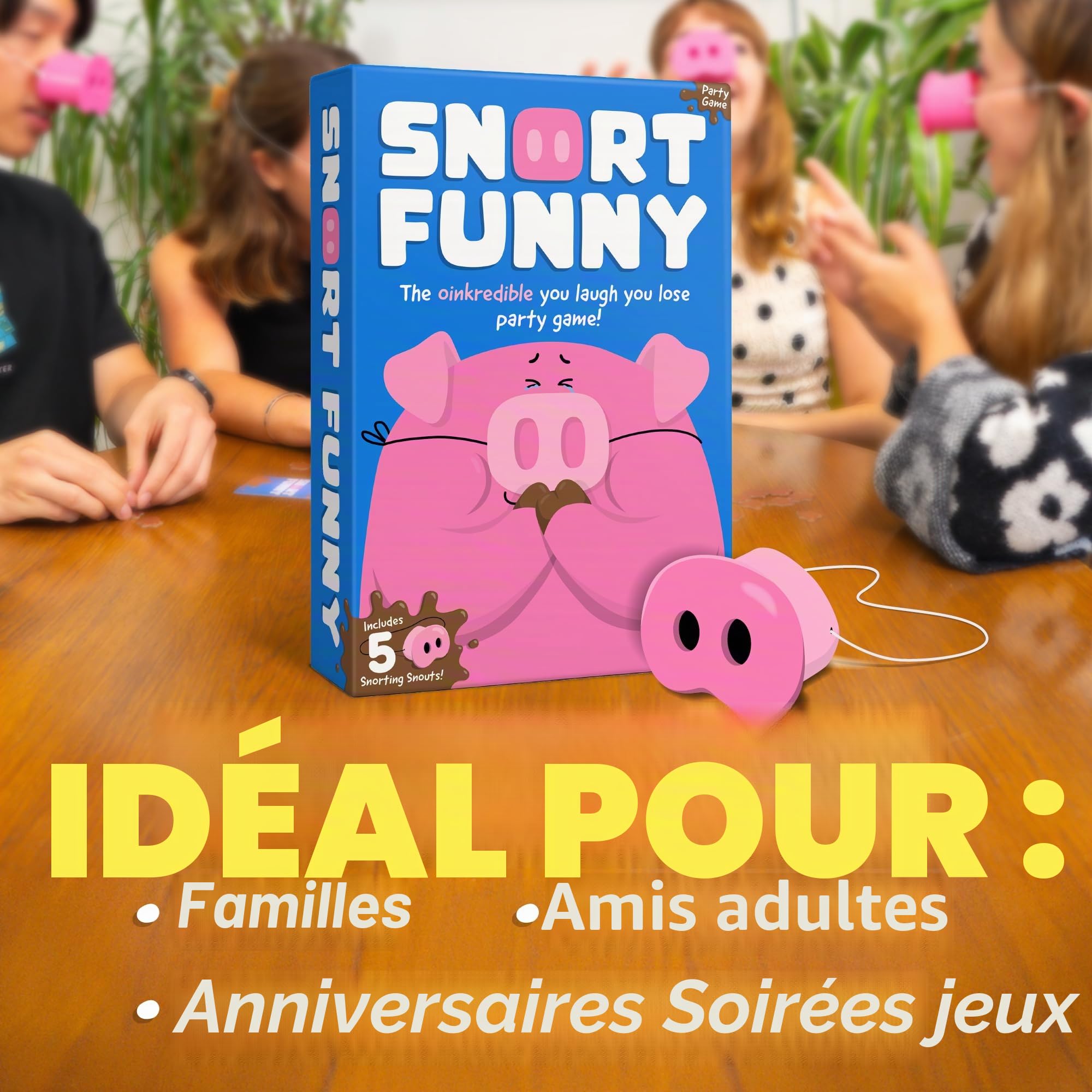 Snort Funny – El Increíble Te Ríes Te Pierdes Juego de Fiesta, Juegos Familiares Para Niños y Adultos Con 150 Tarjetas de Desafío, 5 Focicos de Cerdo y Fichas de Lodo, Juegos Divertidos Para Amigos y