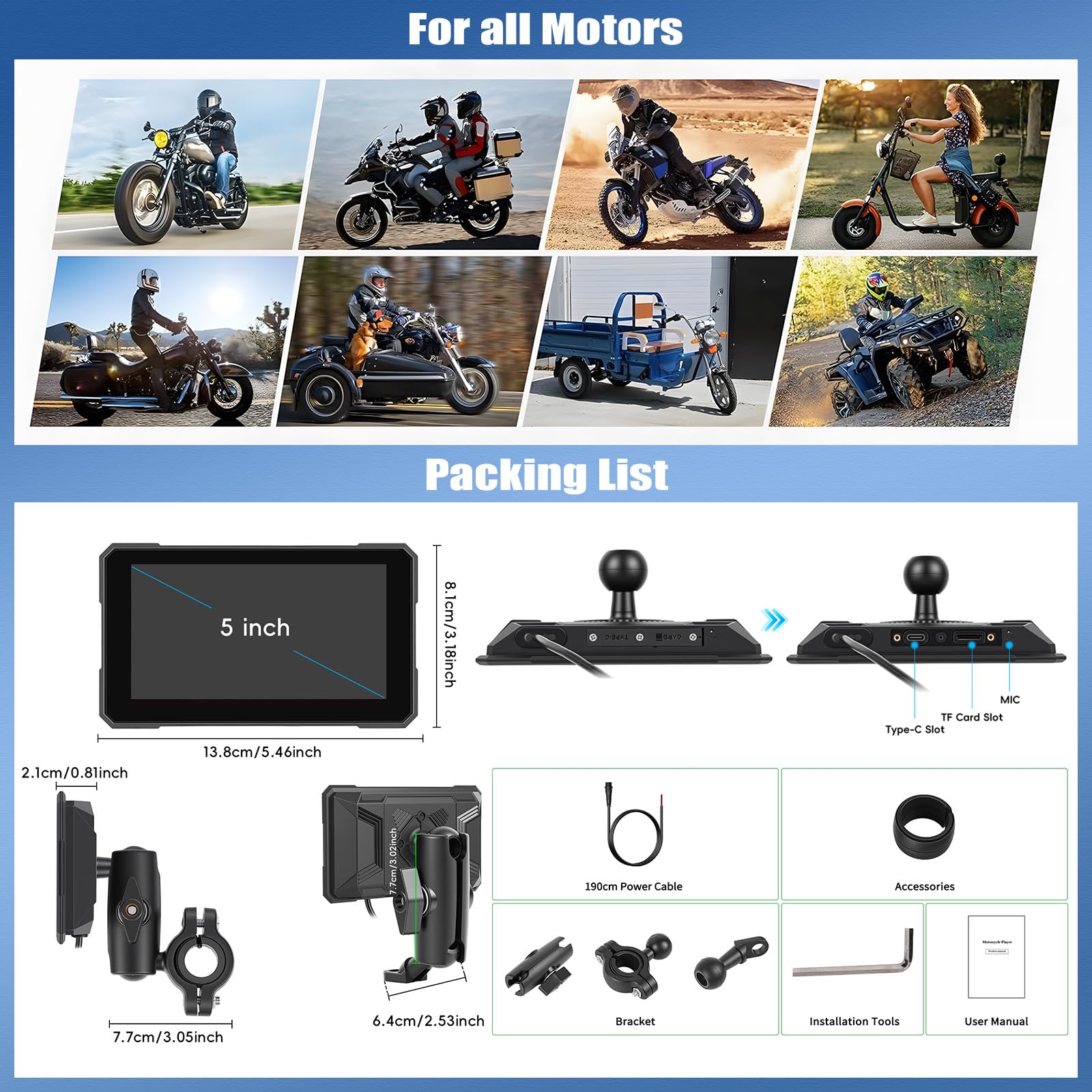 SIXWIN Pantalla Moto 5 Pulgadas con CarPlay/Android Auto Inalámbrico, Navegador GPS, IP68 Antiaqua, Soporte Universal Ajustable, Compatible con Monitoreo de Presión, Pantalla HD para Motocicleta