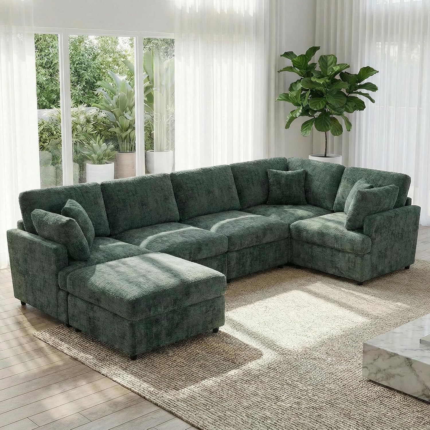 ERYE 122-Inch Modern Corner Modular Sectional Sofa Couches with Ottoman and 4 Toss Pillows, Comfy Chenille Upholstered U-Shaped Sofa Convertible L-Shaped Symmetrical Couch