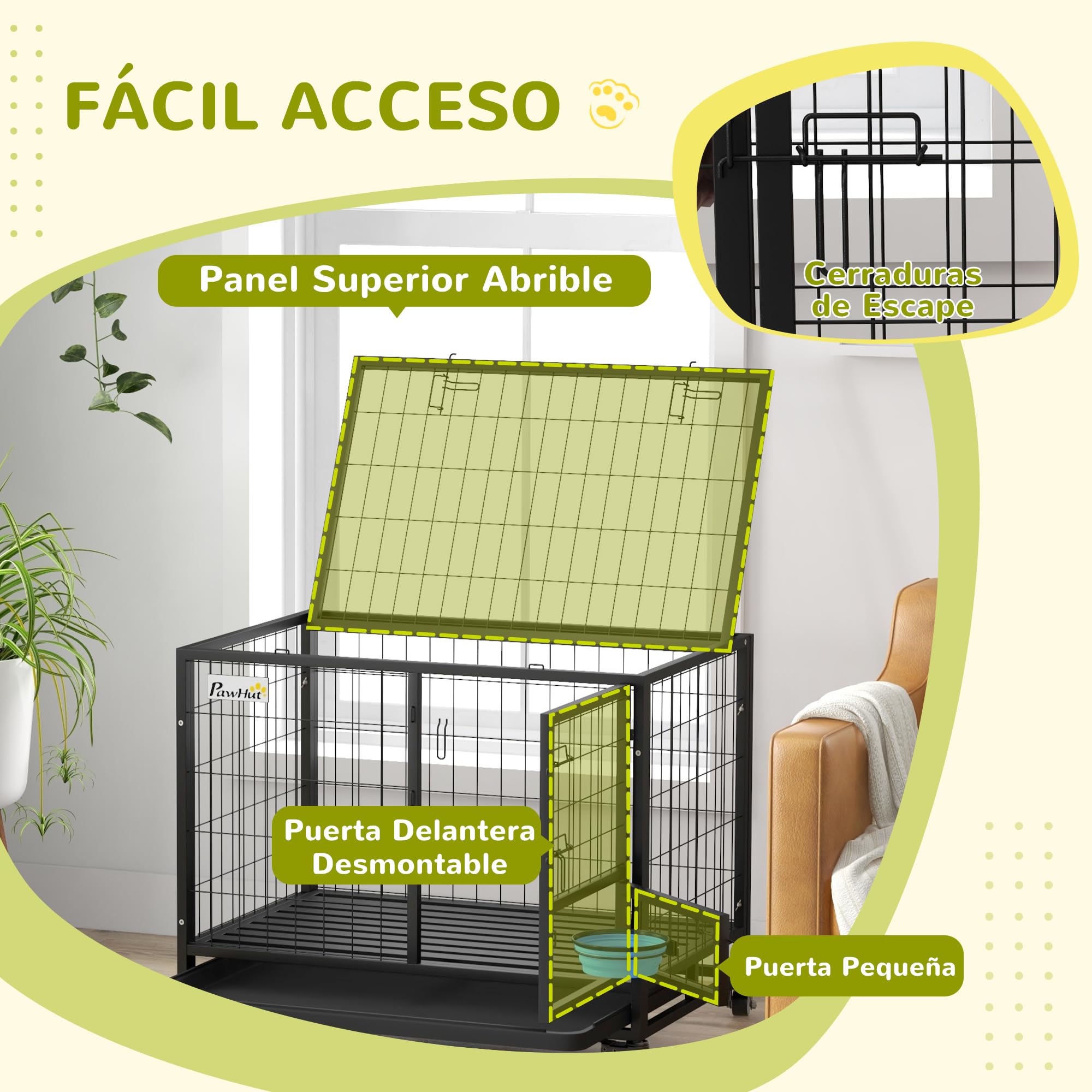 PawHut Jaula para Perros Jaula para Perros Grandes con Tapa Superior Abatible Soporte de Cuenco Bandeja Extraíble Ruedas y Puerta Doble Desmontable 92x62x73 cm Negro