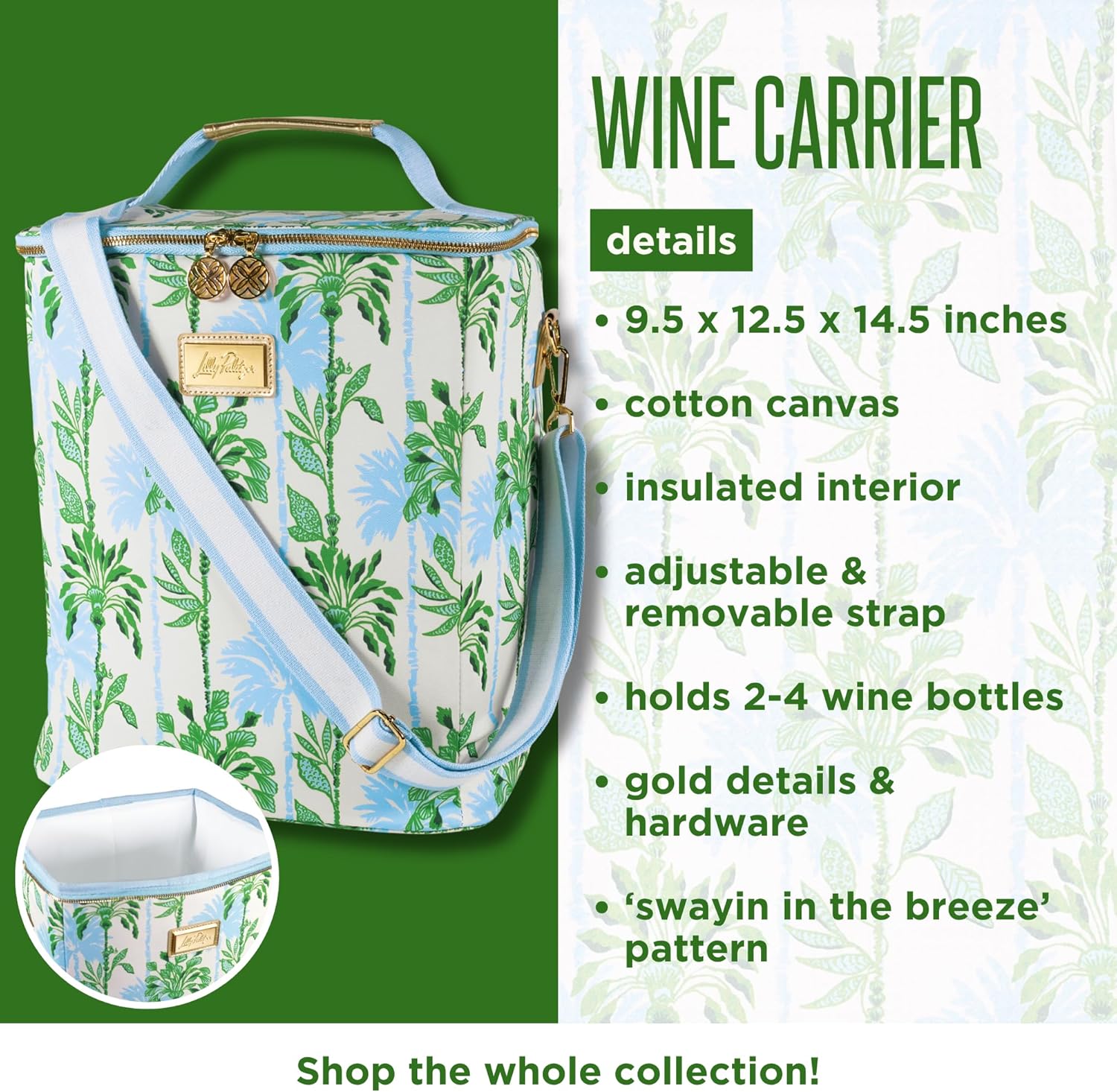 Lilly Pulitzer Insulated Wine Carrier, Cooler Bag Holds up to 4 Bottles of Wine, Soft Cooler with Adjustable/Removable Strap and Double Zipper Close (Swayin in The Breeze) - Image 4