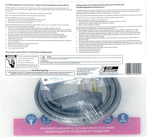 Miniatura 9 de Certified Appliance Accessories Cable de alimentación para electrodomésticos de 30 amperios, cable de secado de 3 puntas, 3 cables con conectores de