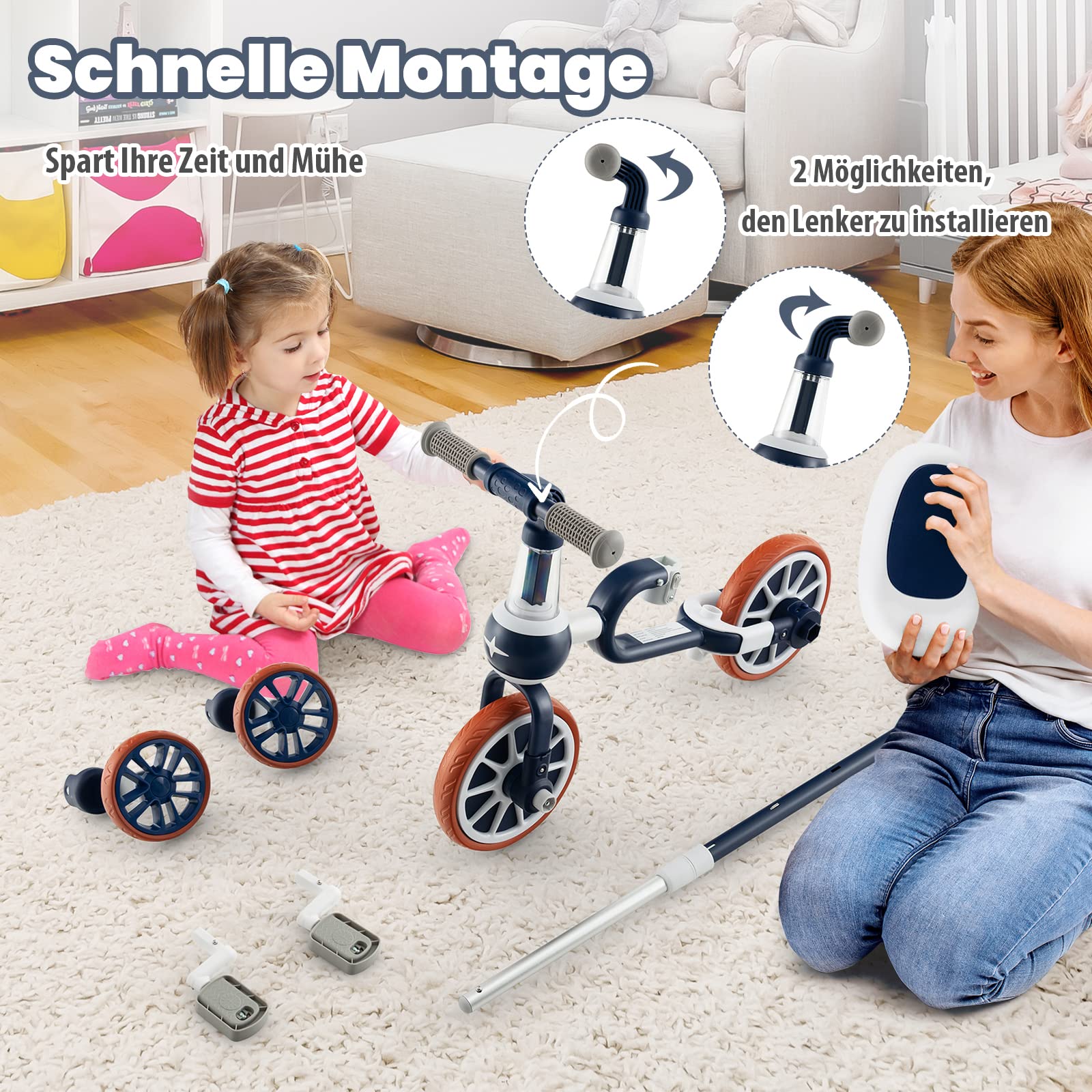 COSTWAY 4 in 1 Kinder Dreirad & Laufrad & Balance Bike & Schiebeauto mit verstellbarem Schiebegriff und abnehmbaren Pedalen,für Kinder ab 1 Jahre