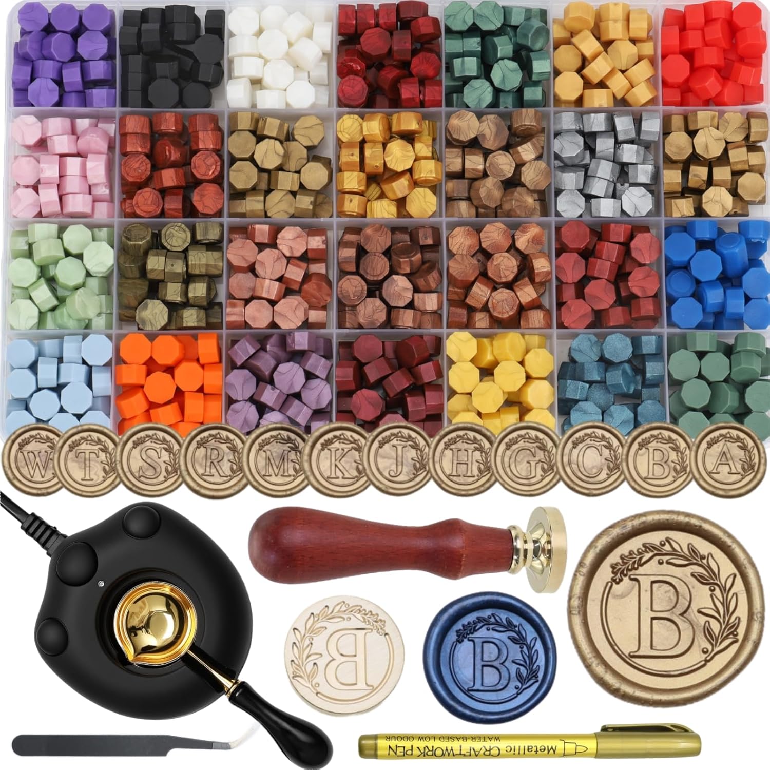 732 Pcs Sealing Wax Stamp Kit with Electric Wax Seal Warmer, Initial Alphabet B Seal Stamp, 28 Color Assorted Waxseal Beads, Spoon, Letter Sealingwax Kit (B)