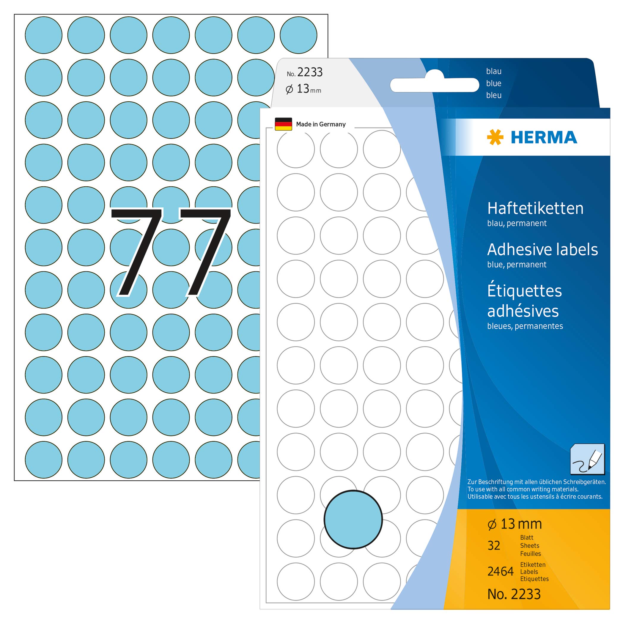 HERMA Dot Stickers Blue, 2464 Labels, Ø 13 mm, 77 Labels per Sheet, Self Adhesive Round Colour Marking Dots, Sticky Circle Stickers for Color Coding Calendar