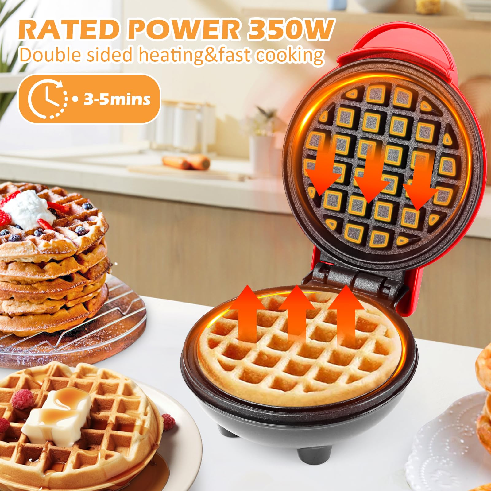 LWMTT Mini gofrera belga, diámetro 10 cm, 220 V | 350 W, clásica, calefacción de doble cara, gofrera de burbujas, una persona, compacta, adecuada para excursiones, color rojo