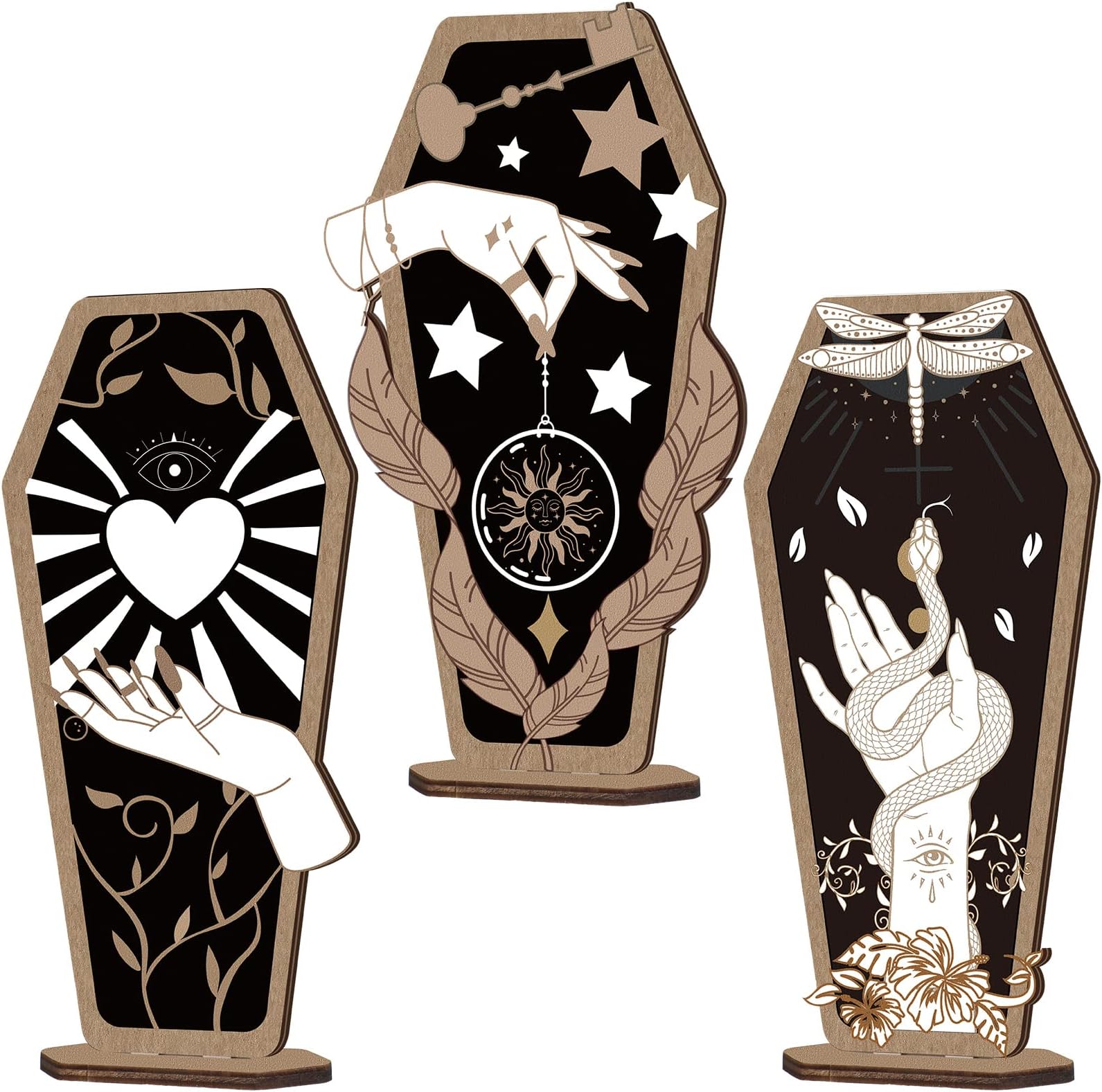Ferraycle 3 Pieces Halloween Decoration Gothic Home Decor Witch Hand Wooden Coffin Sign Witch Decor Spooky Hands Stars Hearts Table Desk Accessories for Halloween Party Supplies Home Decor(Cool Style)