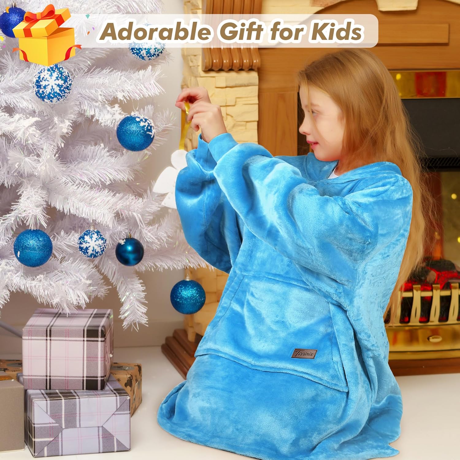 Tirrinia Blanket Hoodie for kids, Oversized Wearable Blanket, Cartoon Hooded Sherpa Lined Blanket, Gift for Kids Teens, Youth. Blue