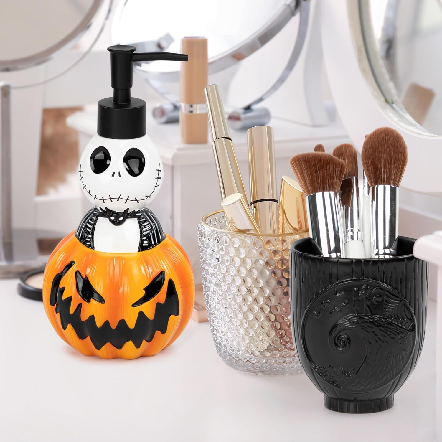 Jay Franco Disney Nightmare Before Christmas Bathroom Soap Dispenser Set - 2 Piece Black and White Collection Includes Resin Lotion Pump and Tumbler Cup - Bathroom Décor