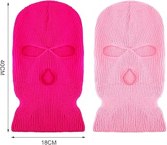 2 Pieces 3-Hole Ski Mask Knitted Face Cover Winter Balaclava Full Face Mask for Winter Outdoor Sports (Pink, Rose Red)