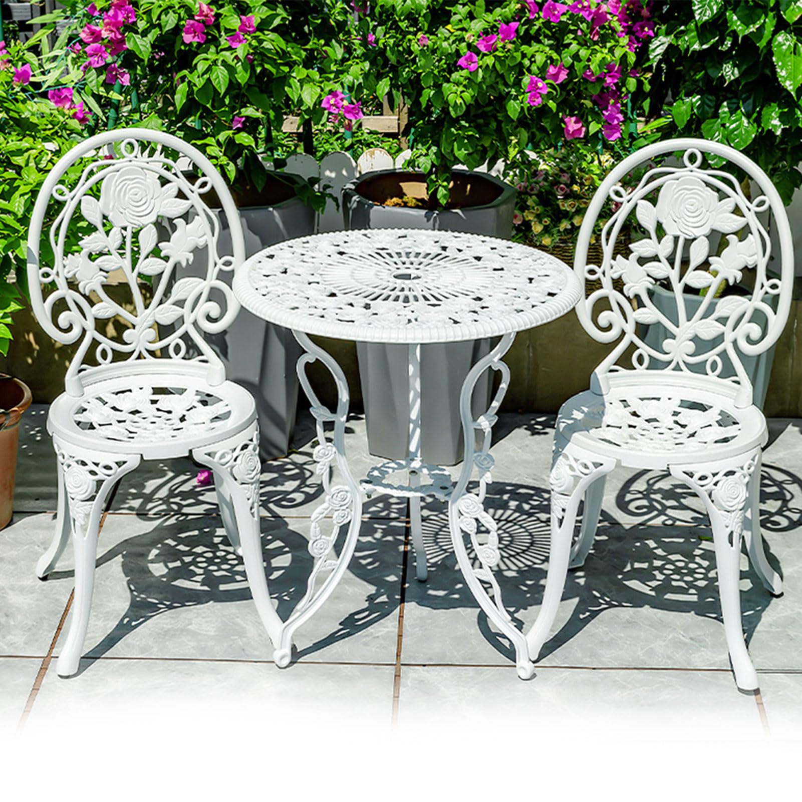 Set da bistrot da esterno, 3 pezzi, con tavolo e sedie in alluminio pressofuso, resistente alle intemperie, con finitura anticata, perfetto per balcone, veranda, cortile, ombrellone incluso