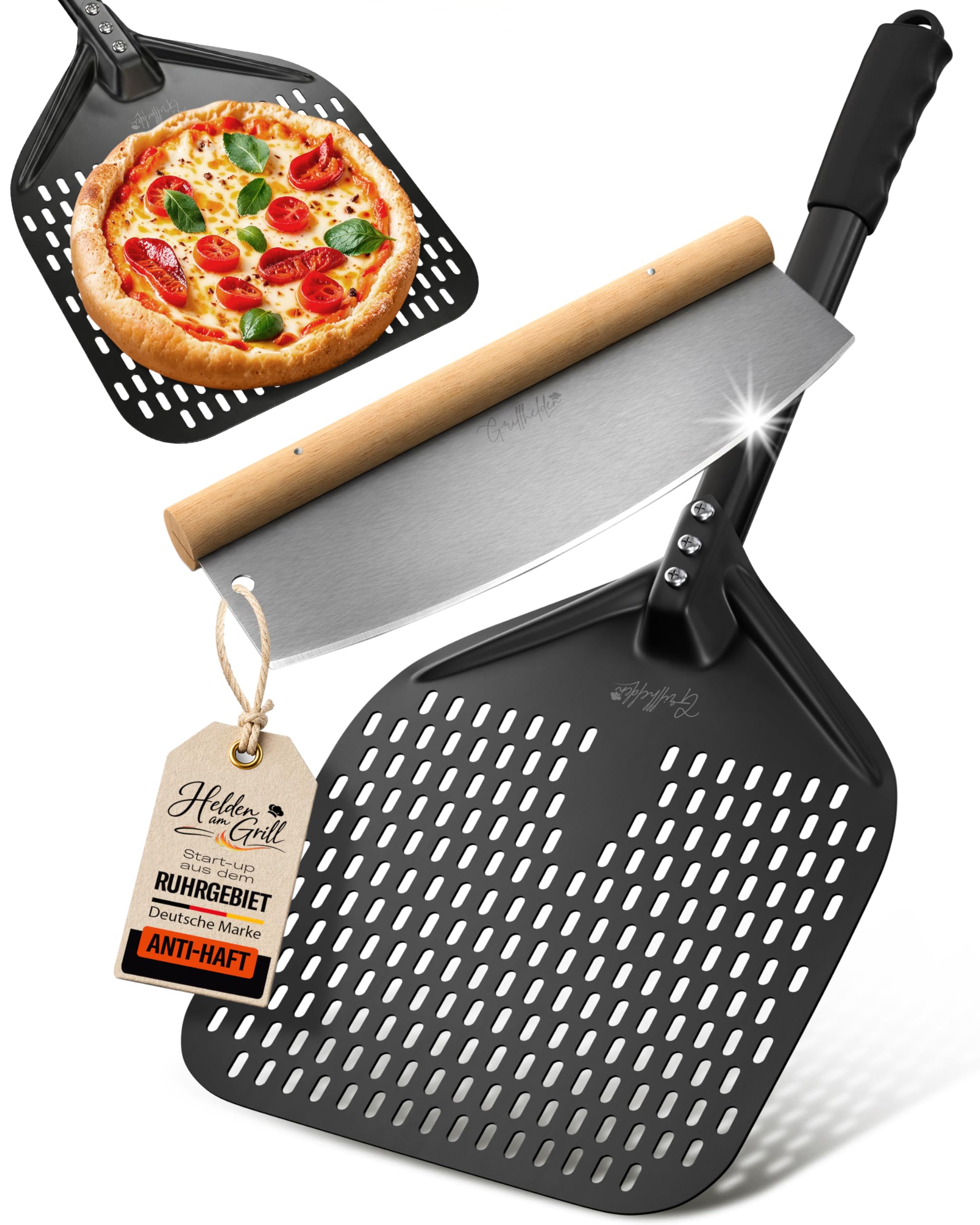 Pizzaschieber Set mit Pizzaschneider - großer perforierter Pizzaschieber mit Antihaft-Beschichtung - Pizzamesser Wiegemesser mit Holzgriff - Pizza Zubehör für Backofen und Pizzaofen