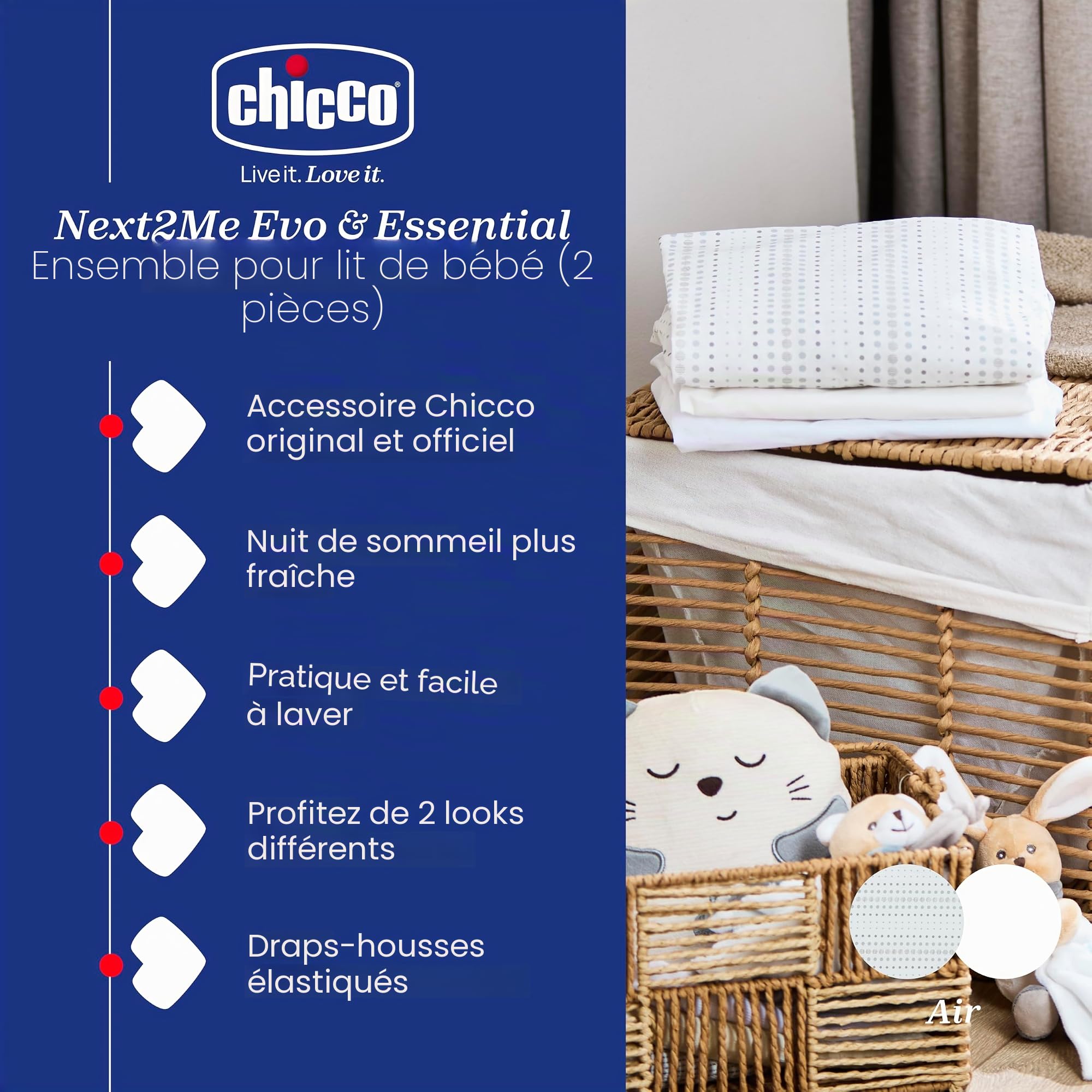Draps Chicco Next2Me (Lot de 2), 100% Coton Doux, Accessoire Original et Officiel pour Berceau Next2Me Cododo Air