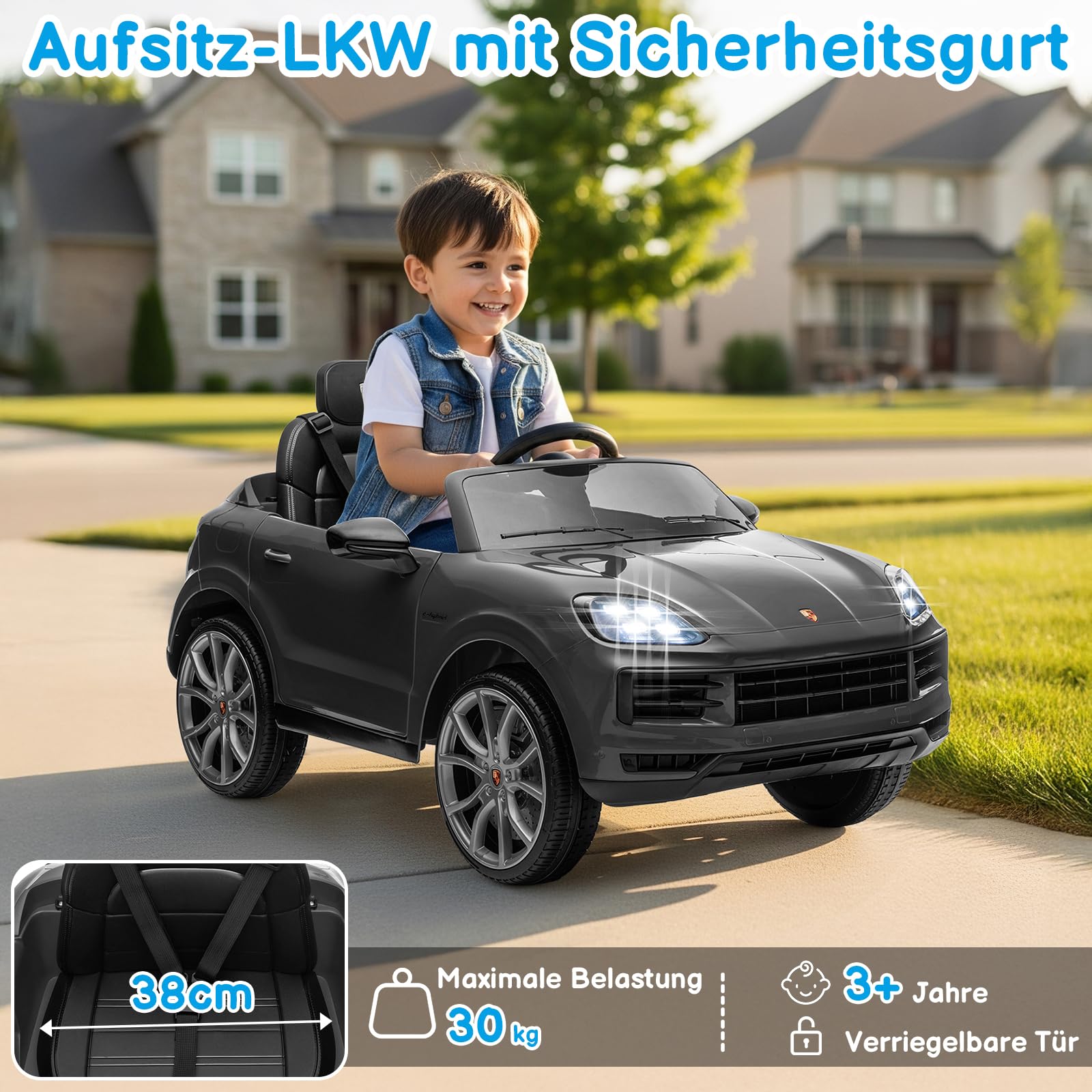 LALAHO Kinder Elektroauto 12V Kinderauto Elektrisch 2,4G-Fernbedienung, Elektrofahrzeuge 2-türig mit MP3, Musik, Hupe, LED-Leuchten (Grau)