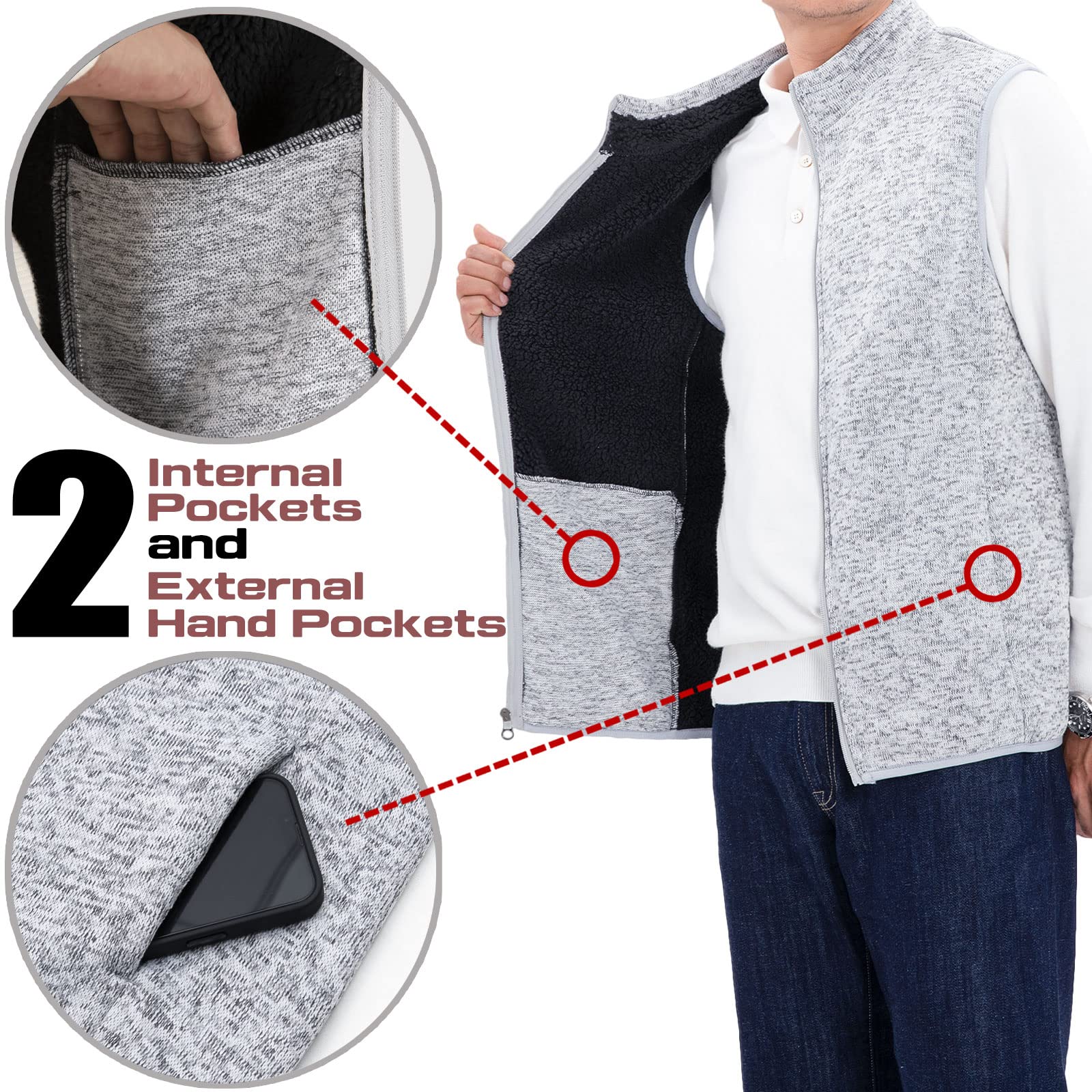 Bonnroth - Gilet da uomo in pile con cerniera intera, foderato, con colletto e tasca, Grigio chiaro Heather, XX-Large