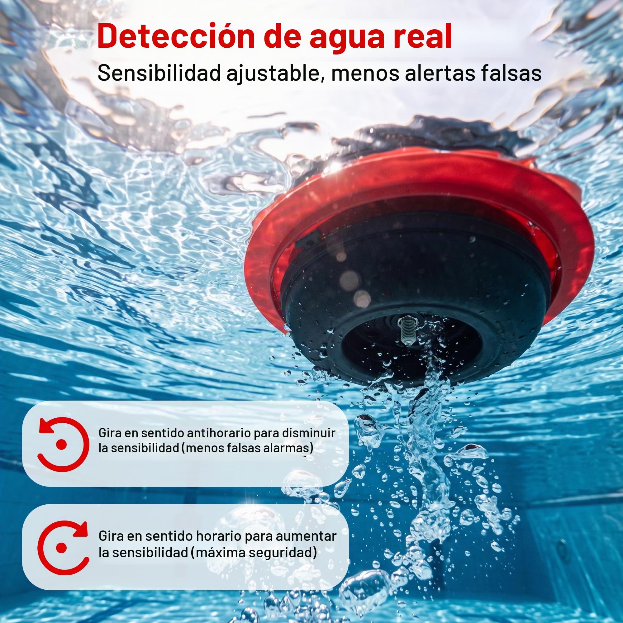 Alarma de piscina, alarma de seguridad flotante para piscinas enterradas y sobre el suelo, detección de agua de sensibilidad ajustable, alerta de 85 dB+, protección para niños y mascotas (rojo)