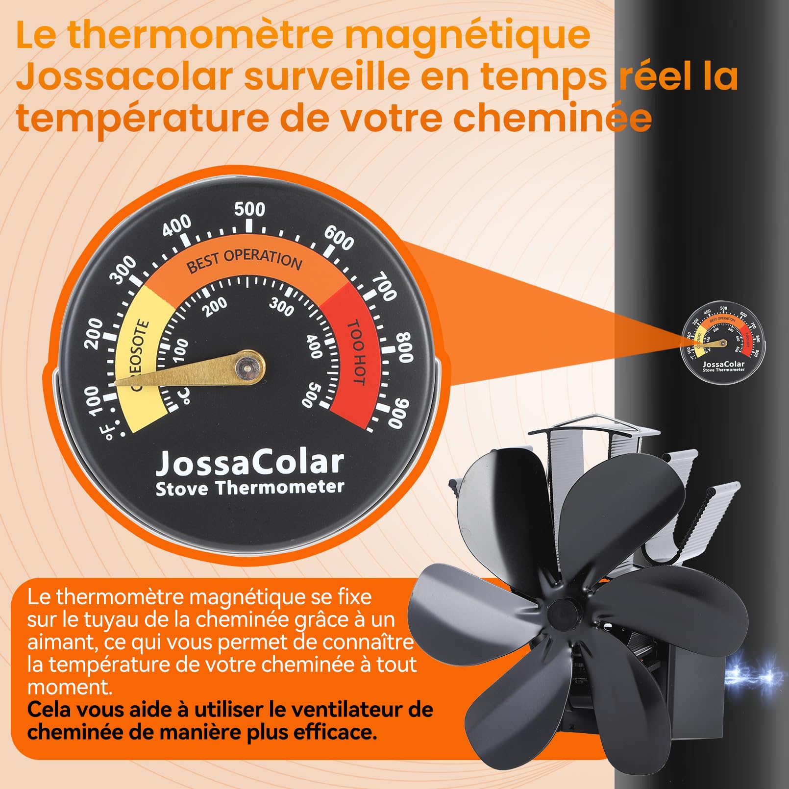 JossaColar Ventilateur Poele à Bois Magnetique 6 Pales | Socle Réglable - Adapté aux Cheminées et aux Tuyaux de Poêle | Ventilateur de Cheminée Avec Thermomètre Magnétique