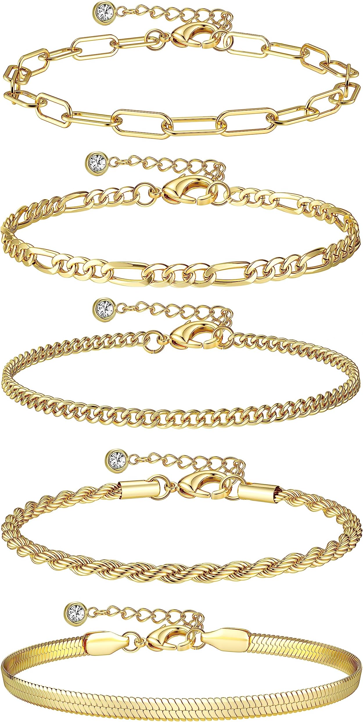 CASSIECA 5Pcs Chain Bracelets for Women 18K Gold Plated Figaro Cuban Chain Bracelets Adjustable Stacking Link Charm Bracelets Women Gold Silver Jewellery Set for Girls Dainty Bangle Cuff for Her