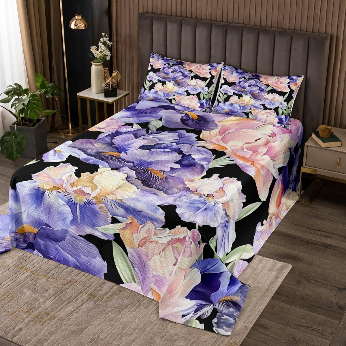 Erosebridal Peony Bedspread Set Queen Size,Spring Elegant Floral Coverlet Set,Watercolor Vintage Flowers Pattern,Summer Leaves Botanical Decor,Purple White