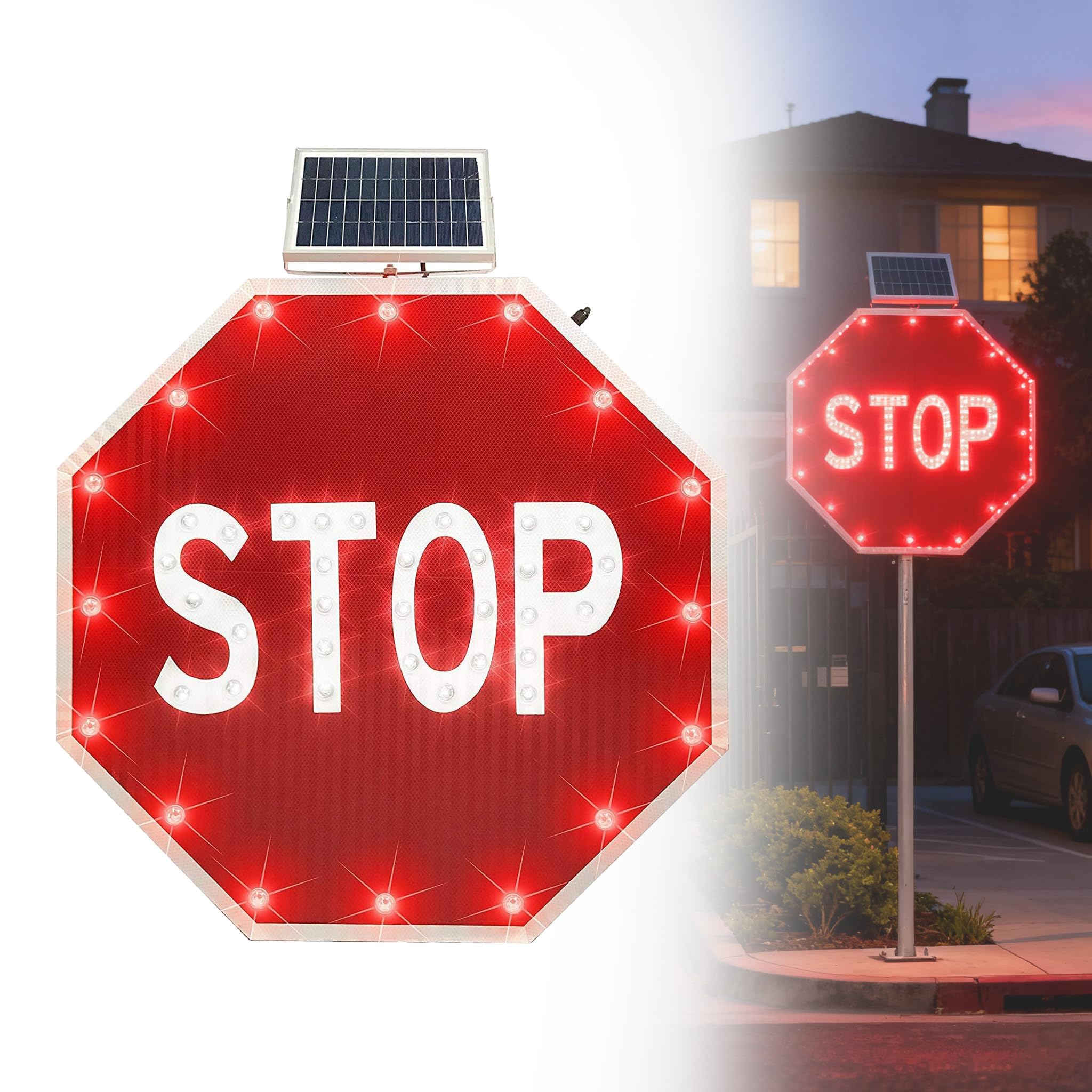 Señal de parada solar de 24 x 24 pulgadas, LED intermitente, aluminio inoxidable, reflectante de grado de ingeniero, resistente a la intemperie, señal de seguridad de 30 pulgadas para control de