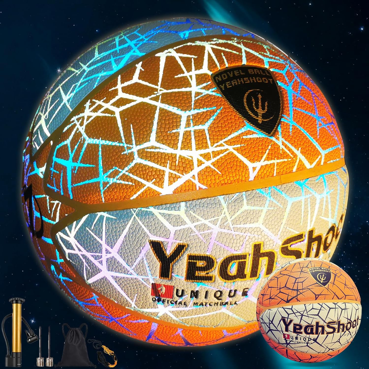 Glow in The Dark Basketball - Holographic Glow Light Up Luminous Basketball for Outdoor Training & Night Games A Great Gift for Enthusiasts with Free Air Pump