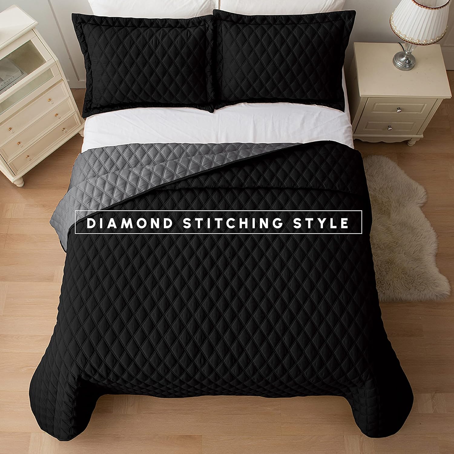 Elegant Comfort 3-Piece Quilted Reversible Bedspread Coverlet Set with Pillow Shams, Exquisite Diamond Stitching All Season Heavy Weight-Ultra Soft Premium Quilt- California King, Black/Gray