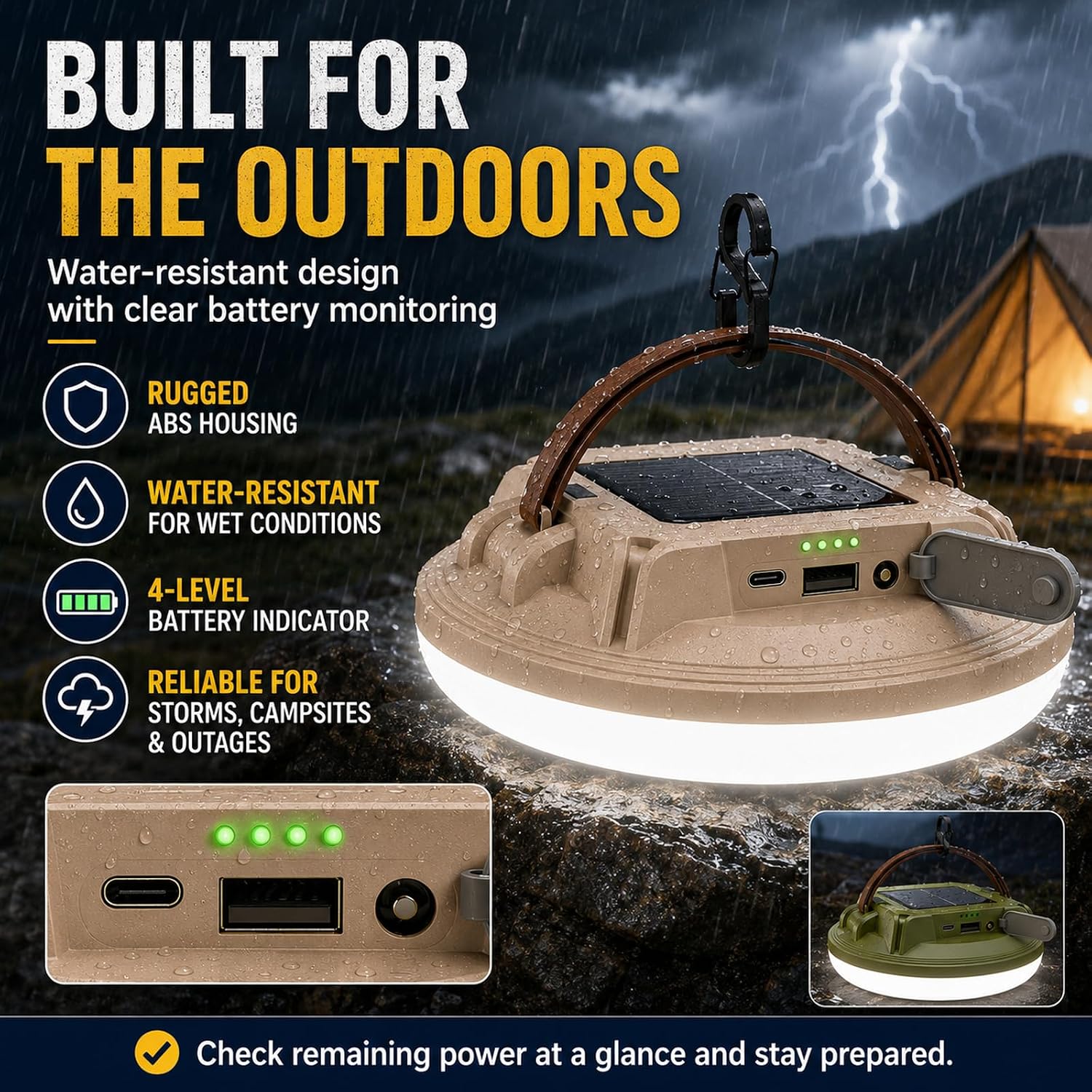 Solar Camping Lantern, 2000 Lumens 7200mAh Rechargeable LED Camping Light with 5 Modes, Water-Resistant Hanging Tent Light for Emergency Power Outage, Camping, Hiking & Indoor Use