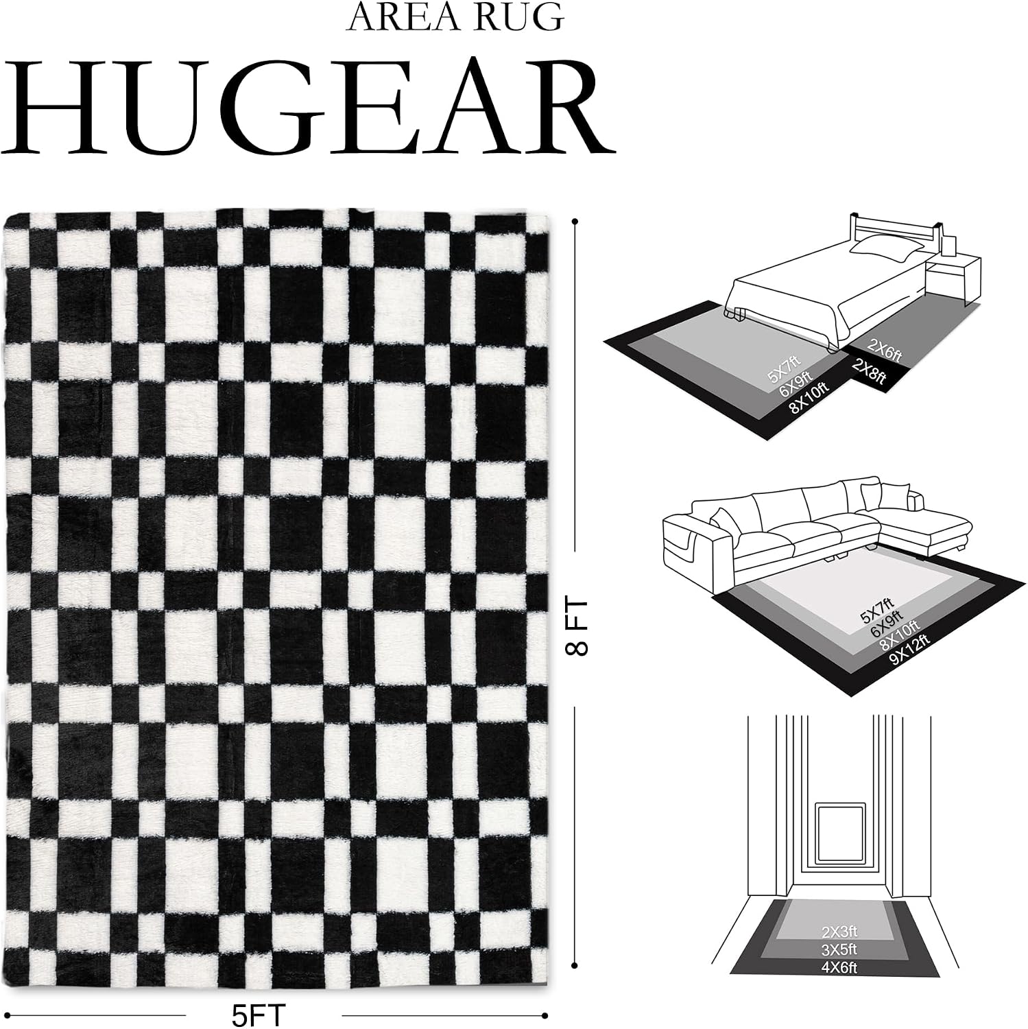 HUGEAR 5x8 Checkered Rug Black and White Living Room Modern Shag Rug Super Soft Washable Indoor Fuzzy Carpet Fluffy Vacuumable Area Rugs for Bedroom Home Decor Non Slip