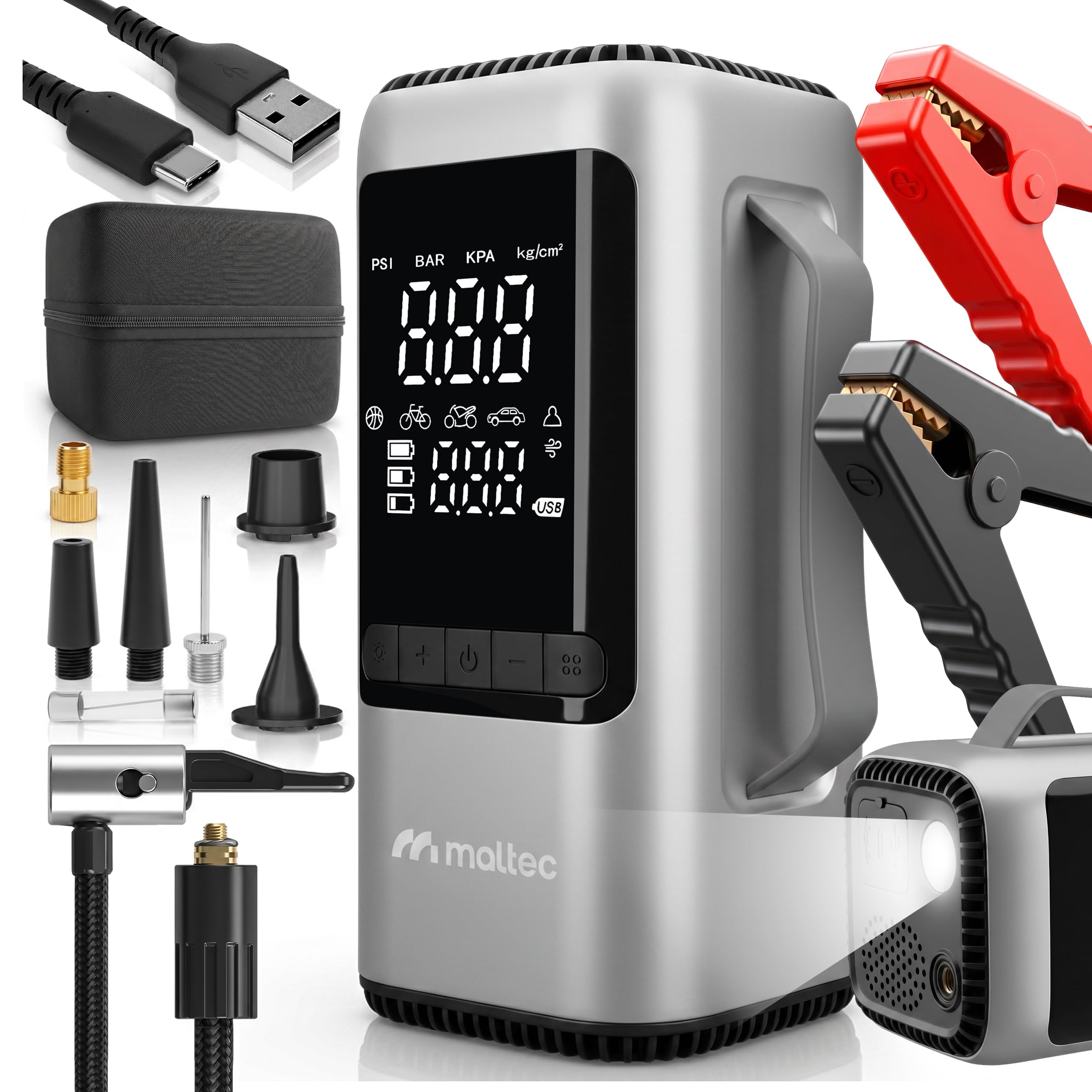 MalTec Jump Starter samochodowe urządzenie rozruchowe 1000 A z kompresorem 150 PSI (10,3 bar), powerbank samochodowy akumulator 8000 mAh, światło LED, rozruchowy booster akumulatora, przenośne
