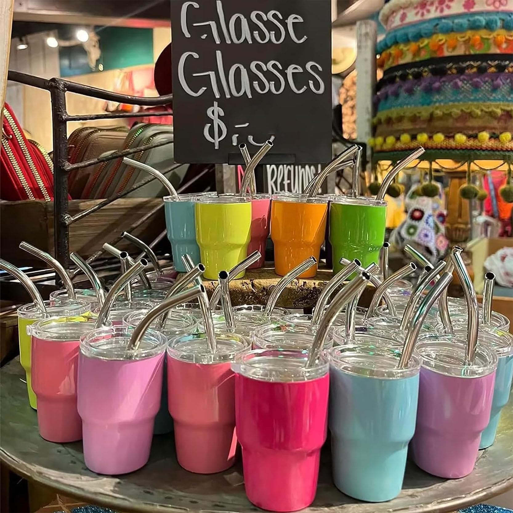Paquet de 6 Verres à Shot avec Couvercle et Paille, Mini Verres à Shot à Double paroi par Sublimation de 2 oz, Petits gobelets en Acier Inoxydable,Orange-2oz