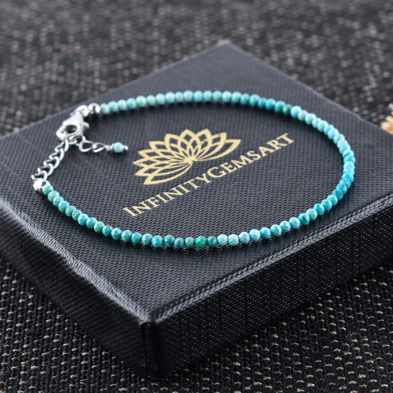InfinityGemsArt Natural American Turquoise Bracelets For Women Gemstone Beads Dainty Jewelry Chakra Crystals 925 Sterling Silver 8 inch Adjustable December Birthstone Gifts For Mom