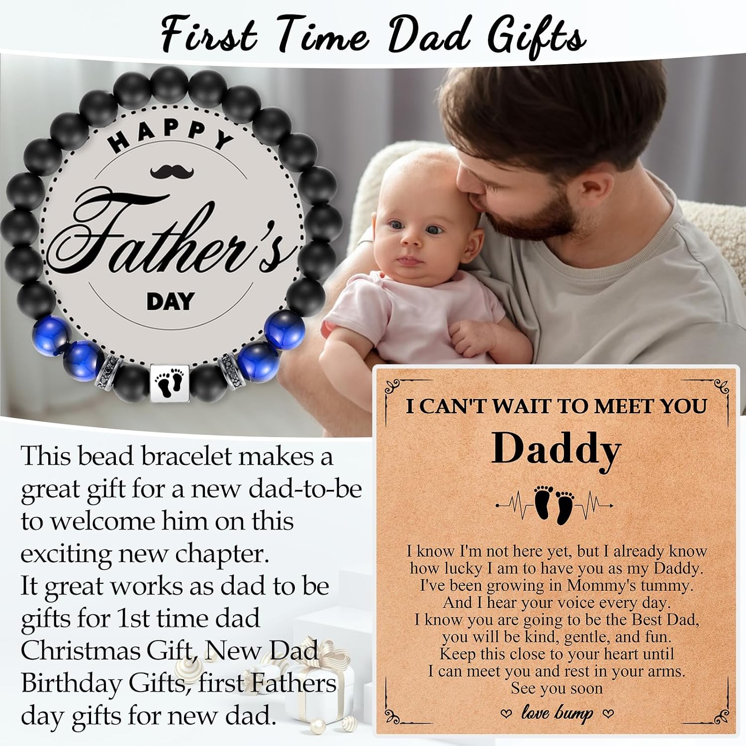 First Father's Day Gifts for New Dad, Dad to Be New Daddy Father to Be Gifts First Time Soon to Be Expectant Daddy Cool Blue Brown Tigers Eyes Bead Link Bracelets Birthday Pregnancy Gift