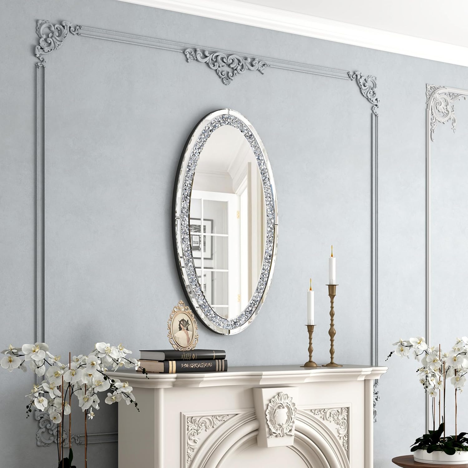 SHYFOY Oval Wall Mirror 36"x23", Frameless Crystal Accent Mirror with Crushed Diamond Border, Silver Glass Decorative Mirror for Bathroom Bedroom Entryway Fireplace Mantel