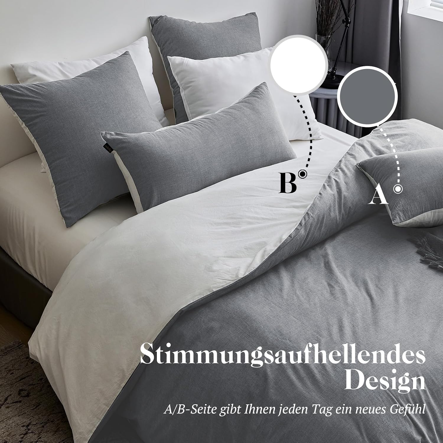 SOULFUL Bed Linen, 155 x 220 cm, Cotton, 2-Piece Bed Linen Set, Dark Grey, 2 with Zip, Similar Texture to 'Stone Washed' Linen, Includes 1 Duvet Cover, 155 x 220 cm, 1 Pillowcase, 80 x 80 cm Dark Grey 2 2-pc. 155 x 220 cm | 1 x 80 x 80 cm