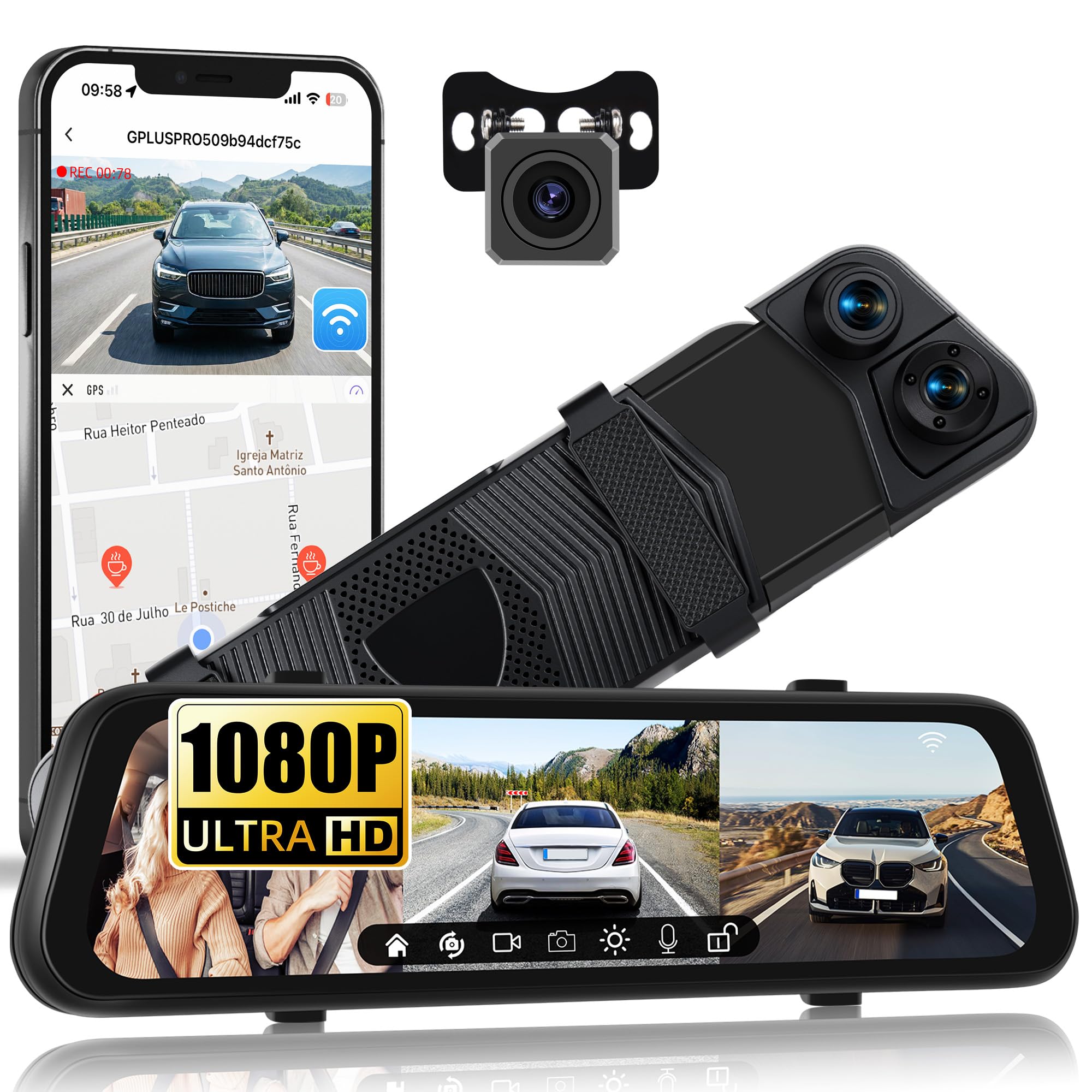 SIXWIN Rétroviseur Dashcam 9,66" Tactile 1080P HD 3 Canaux WiF | Enregistrement 1080P + 2×720P | Vision Nocturne, Boucle, Capteur G, Caméra de Recul, Angle 150° | Installation Universelle