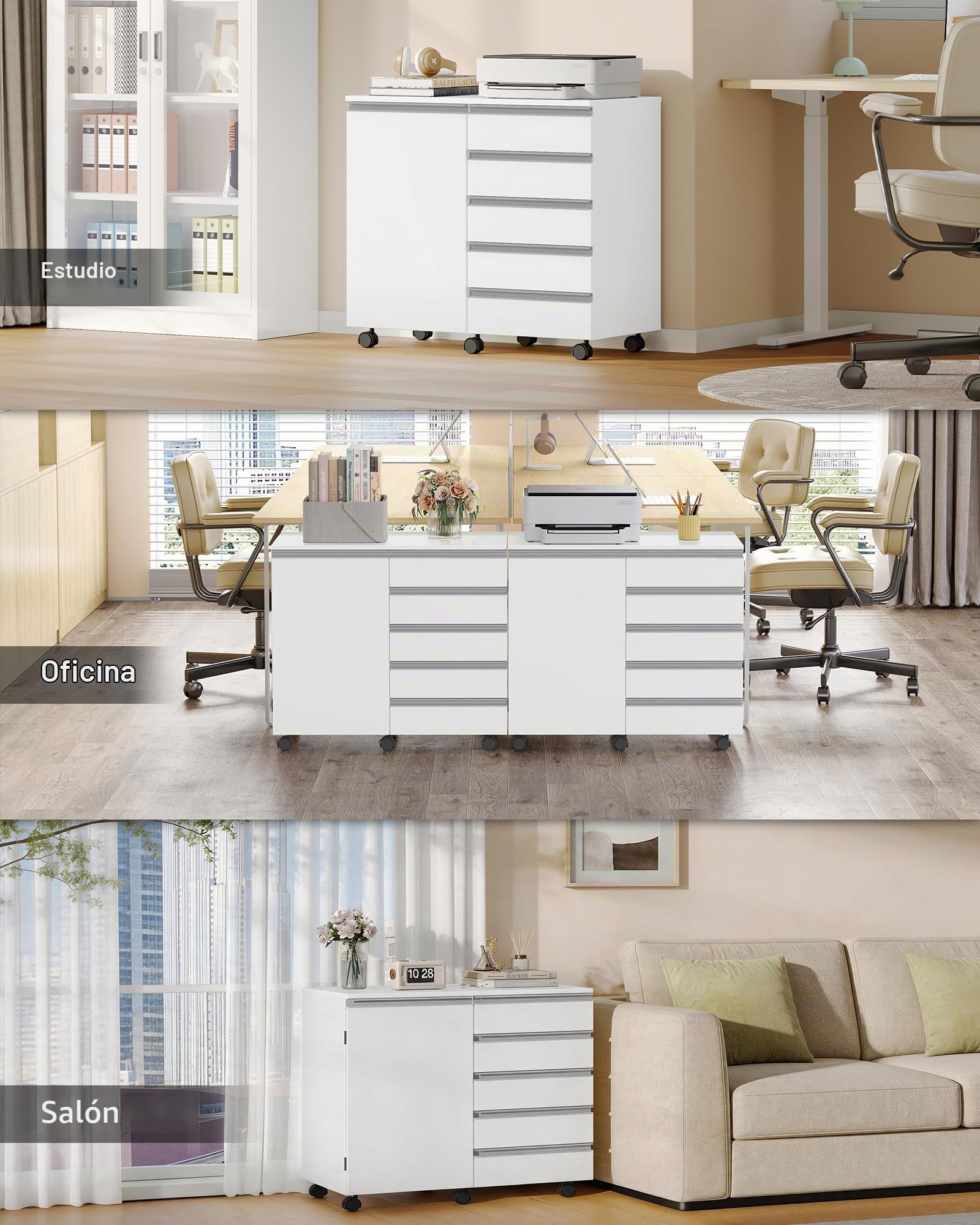 Hzuaneri Cajonera Escritorio con 5 cajones y Puerta de Armario, archivador móvil con Ruedas, Espacio de Almacenamiento para Oficina y Home Office, 40 x 80 x 70 cm, Blanco FC52503X