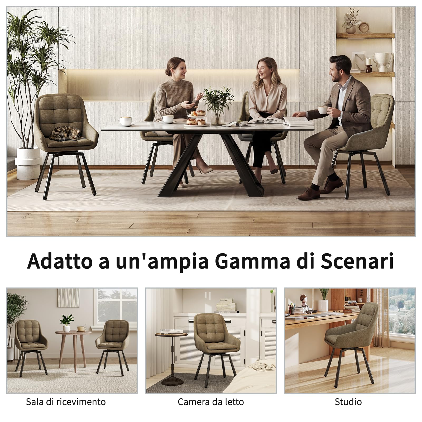 JIJIAN Set di 4 Sedie da Pranzo Girevoli 360° con Braccioli, Sedia Imbottita con Gambe Metalliche, Adatta per Soggiorno, Cucina, Camera da Letto e Sala D'attesa, Marrone
