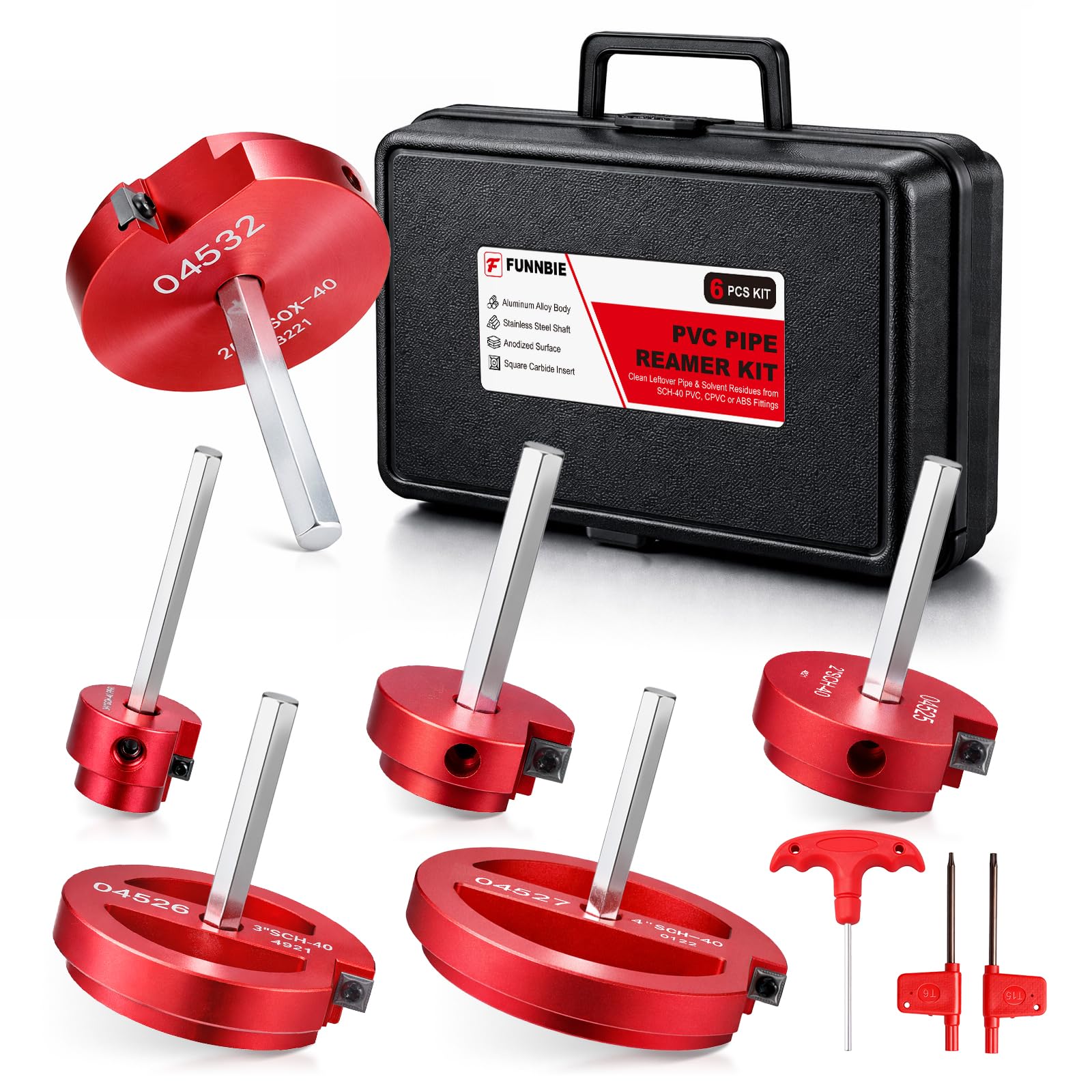 Photo 1 of **MISSING 1.5 and 2**FUNNBIE 6Pcs PVC Pipe Reamer Kit, Durable Aluminum PVC Fitting Saver for Sch.40 CPVC, ABS, Lightweight Socket Hub Saver Includes 3/4", 1", 1-1/2", 2", 3", 4", Plumbing Tool Fits Standard 1/2" Drill