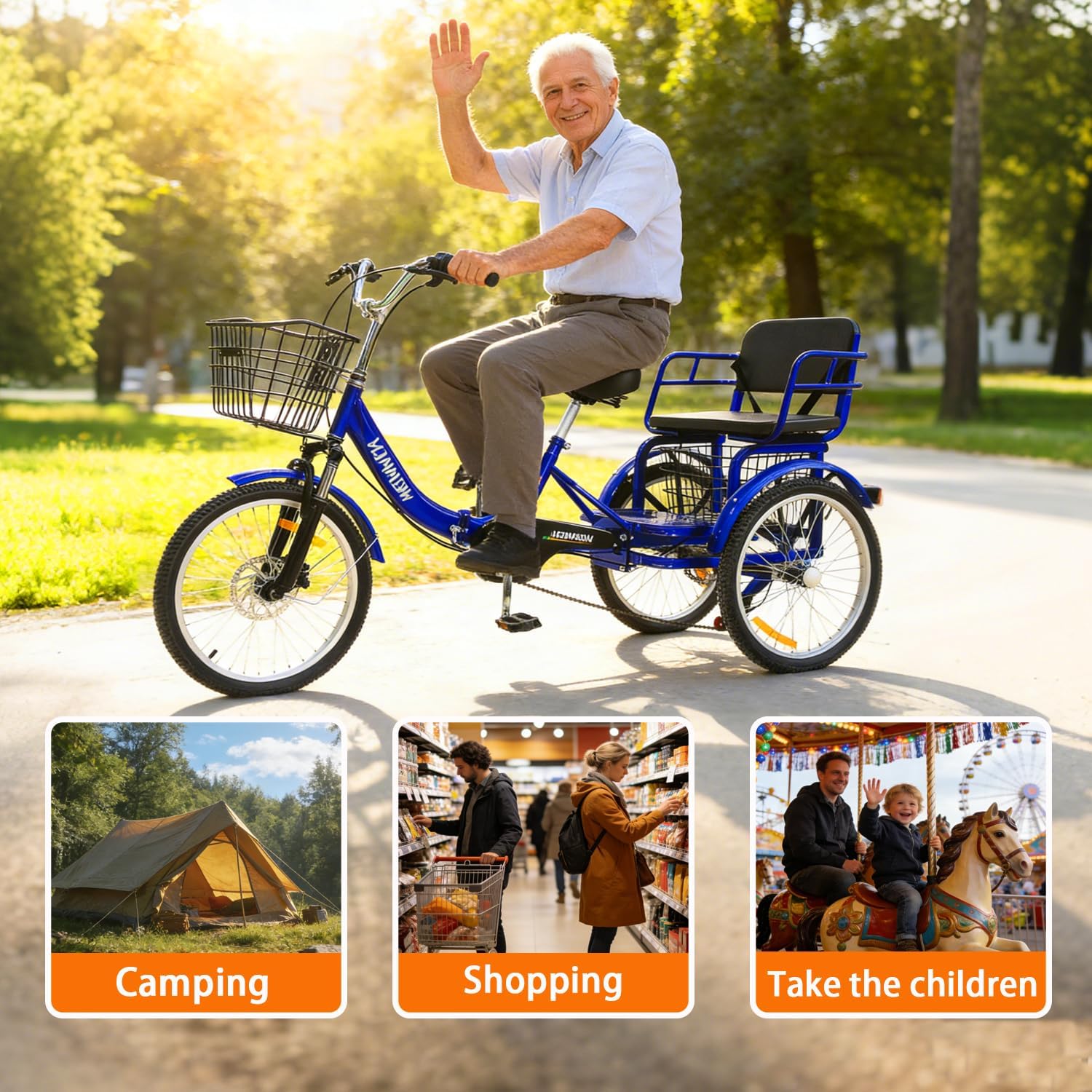 Adult Tricycle, 20 inch Folding Tricycle 3 Wheel Bike for Women,Men,Seniors, Cruiser Bike 3 Wheel Trike for Shopping Load 450Ib